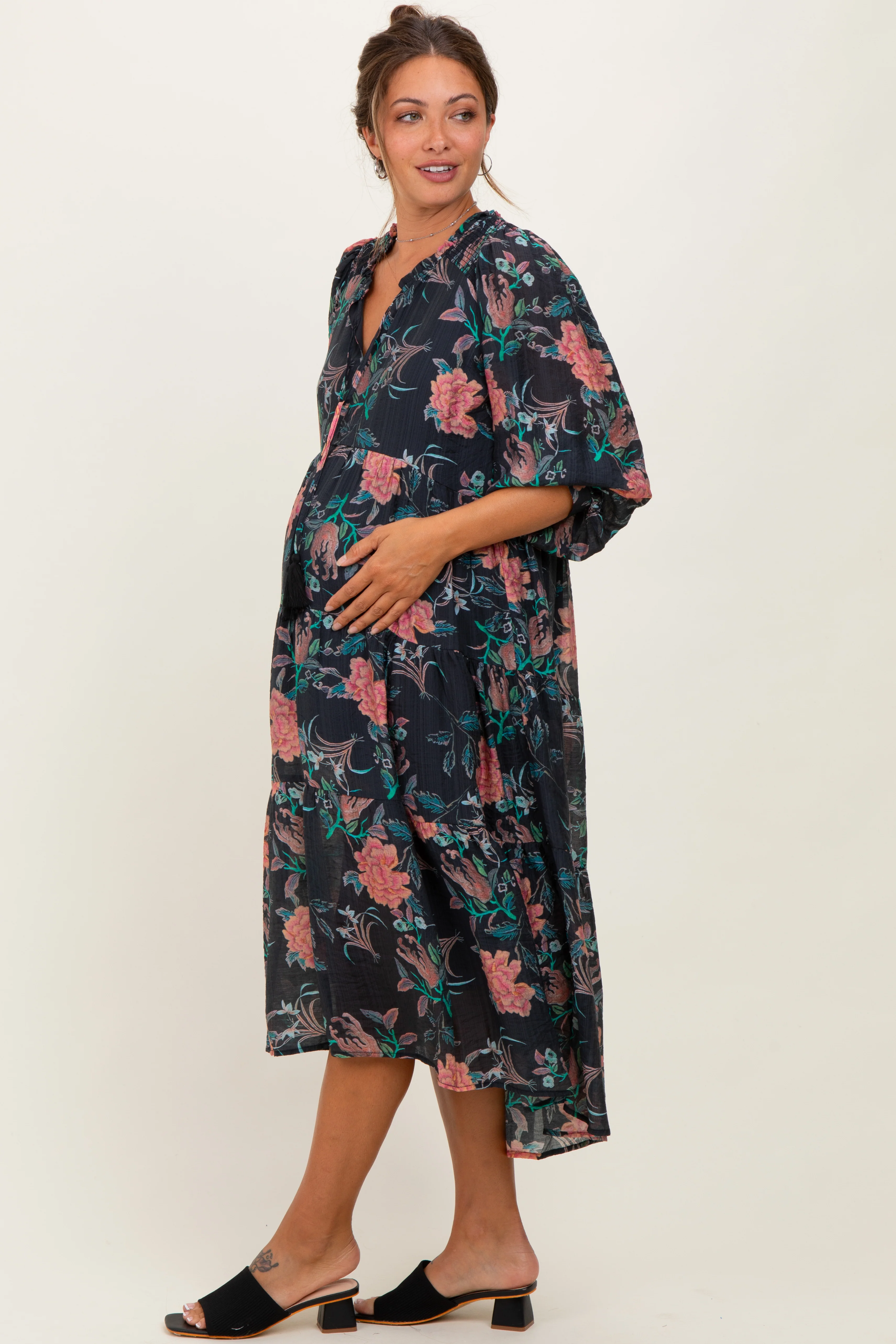 Black Floral Front Tie Tiered Maternity Midi Dress - Image 3