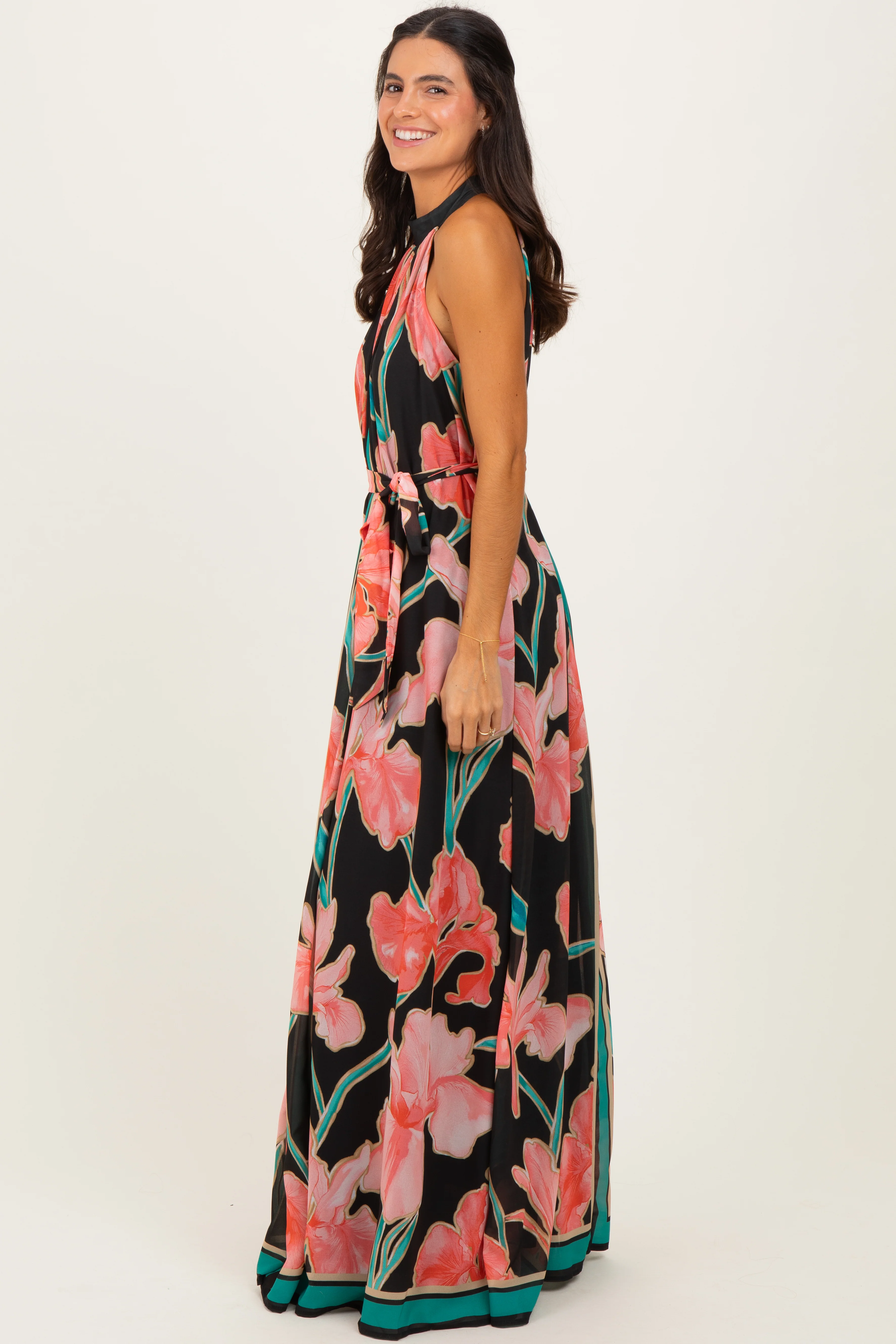 Black Floral Halter Maxi Dress - Image 3