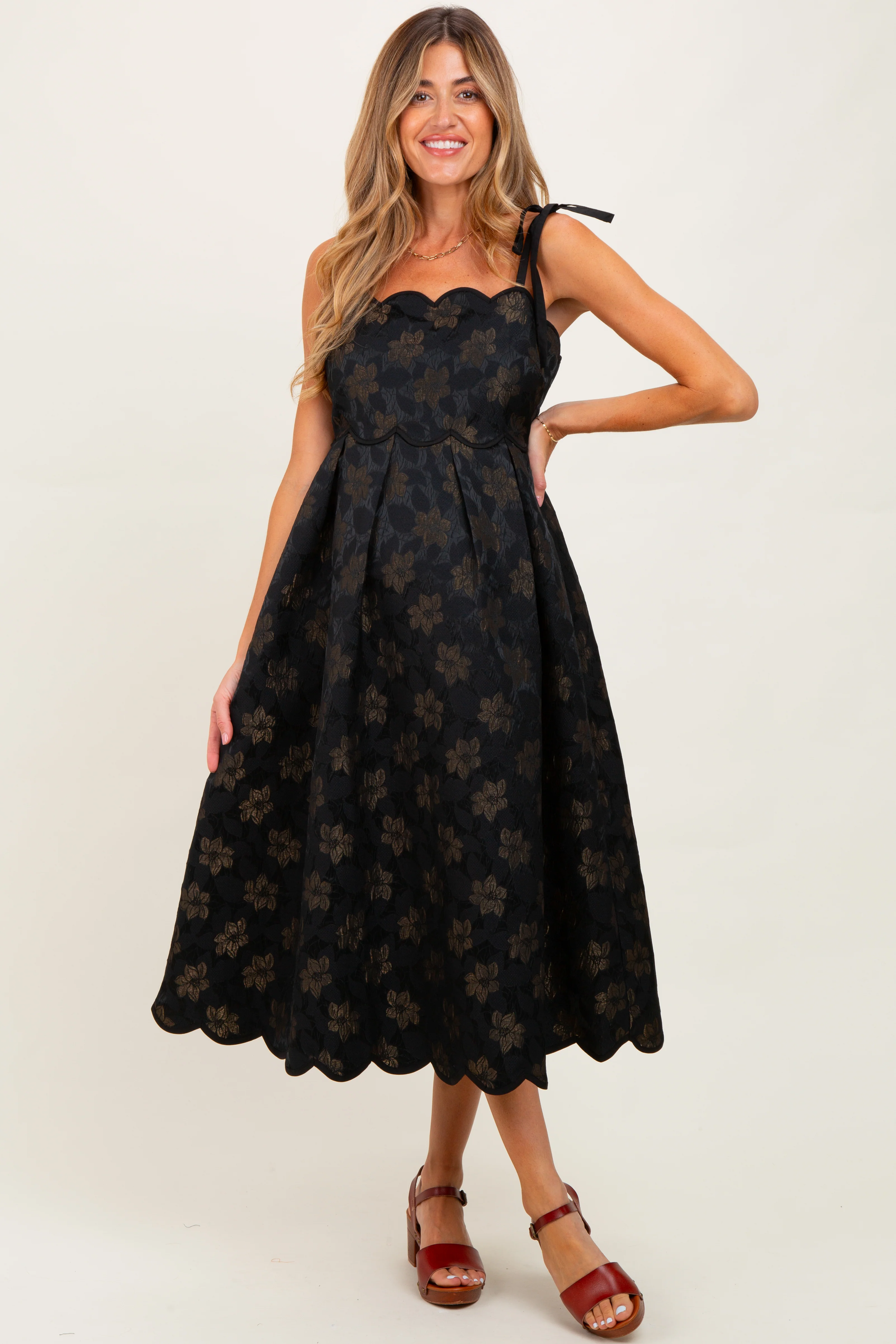 Black Floral Jacquard Shoulder Tie Maternity Midi Dress - Image 2