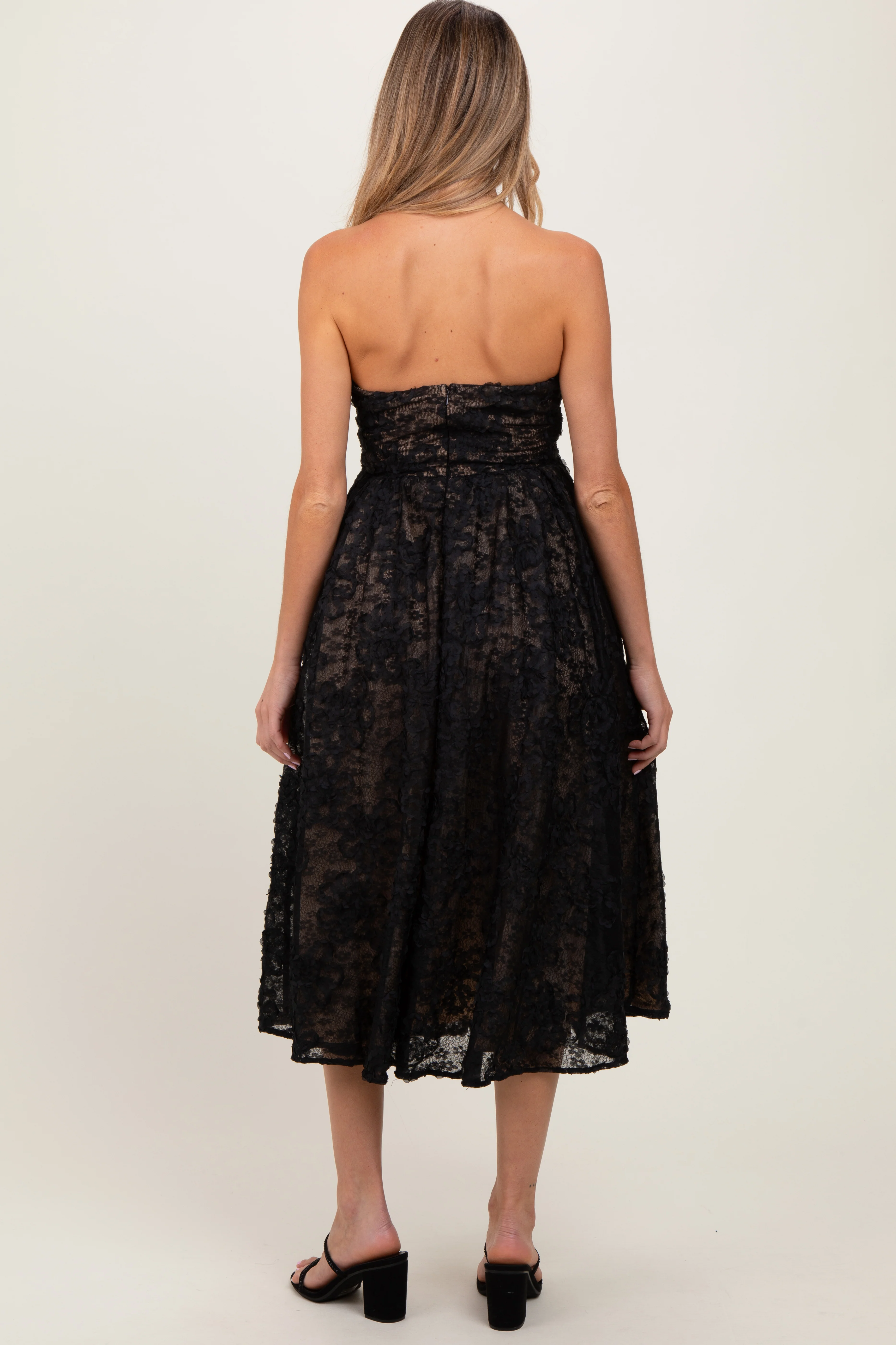 Black Floral Lace Embroidered Overlay Strapless Maternity Midi Dress - Image 3