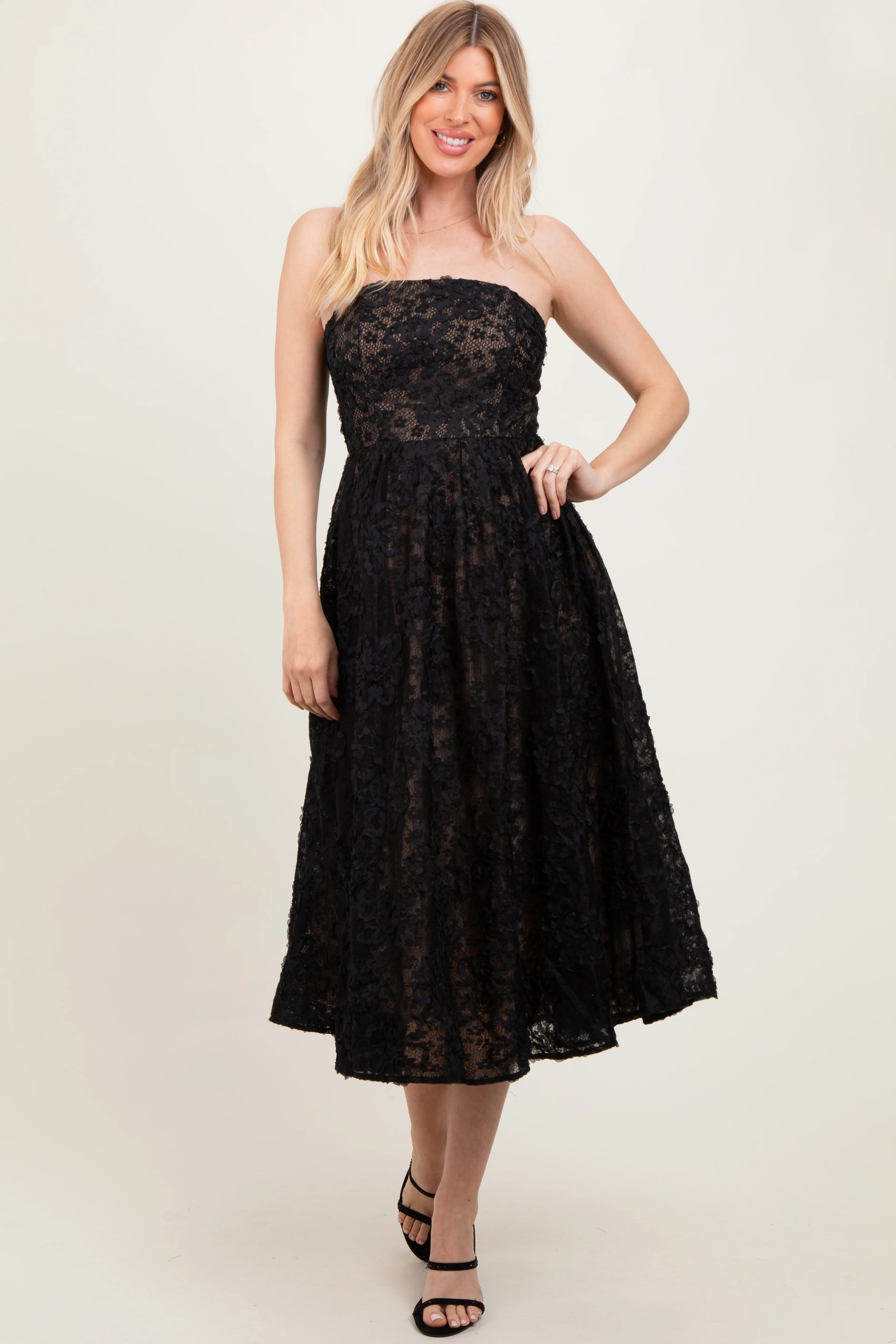 Black Floral Lace Embroidered Overlay Strapless Maternity Midi Dress - Image 4