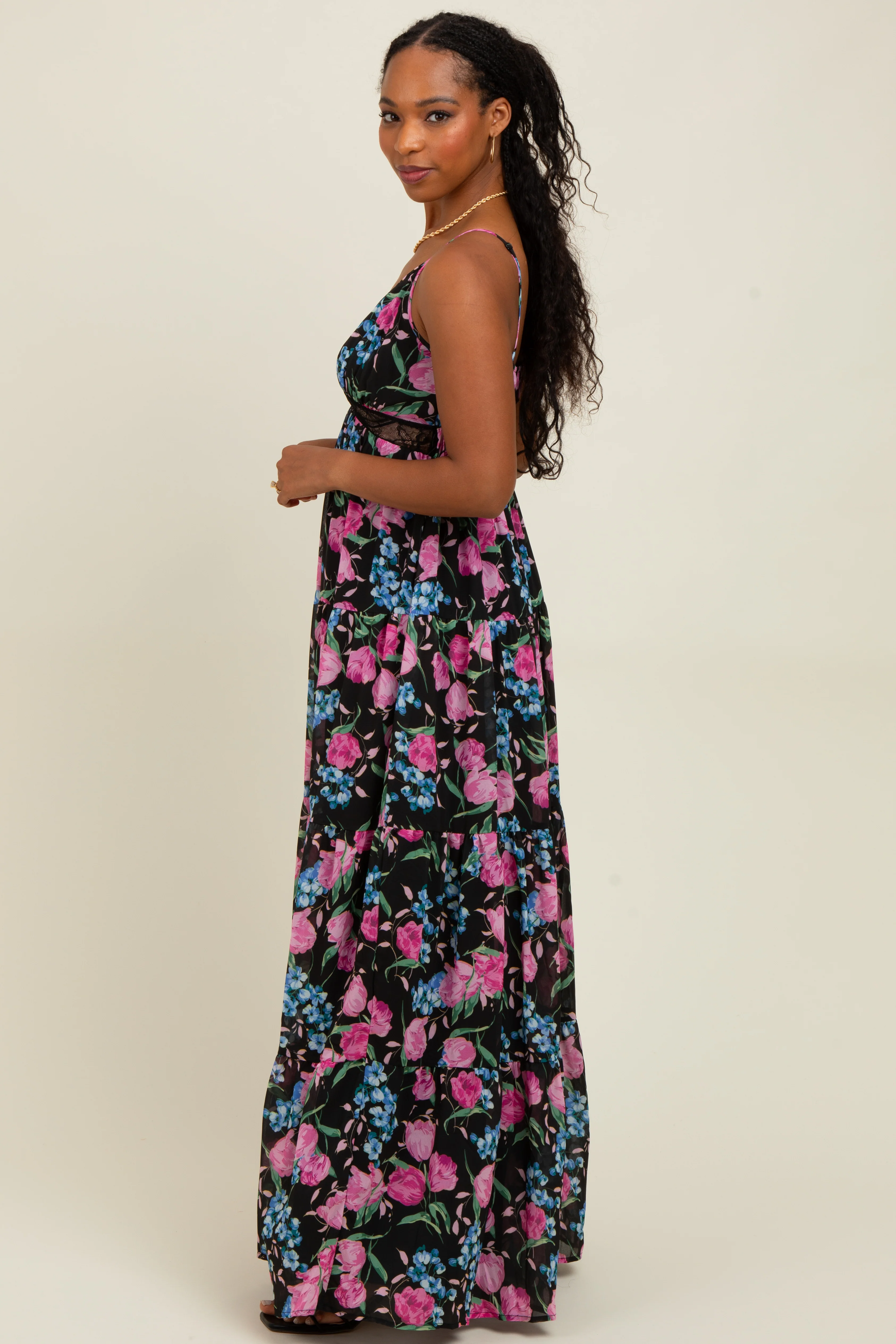 Black Floral Lace Inset Tiered Maxi Dress - Image 3