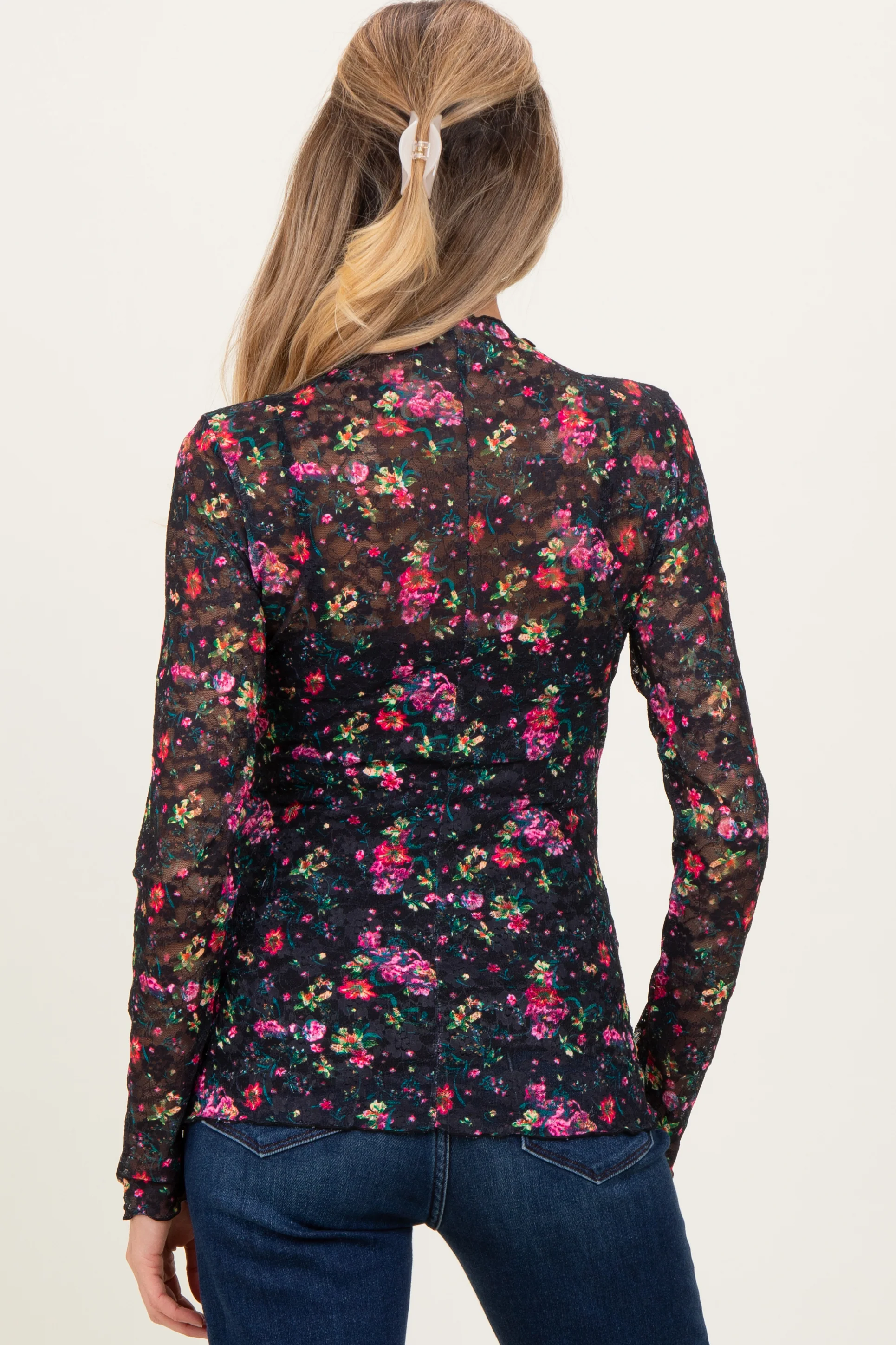 Black Floral Lace Long Sleeve Maternity Top - Image 4