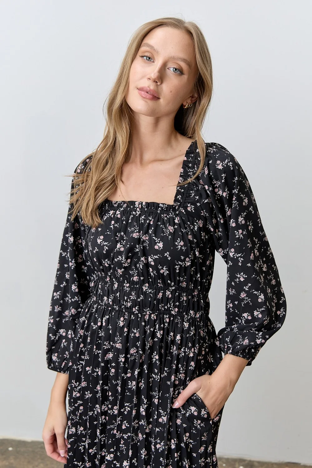Black Floral Long Sleeve Midi Dress - Image 4