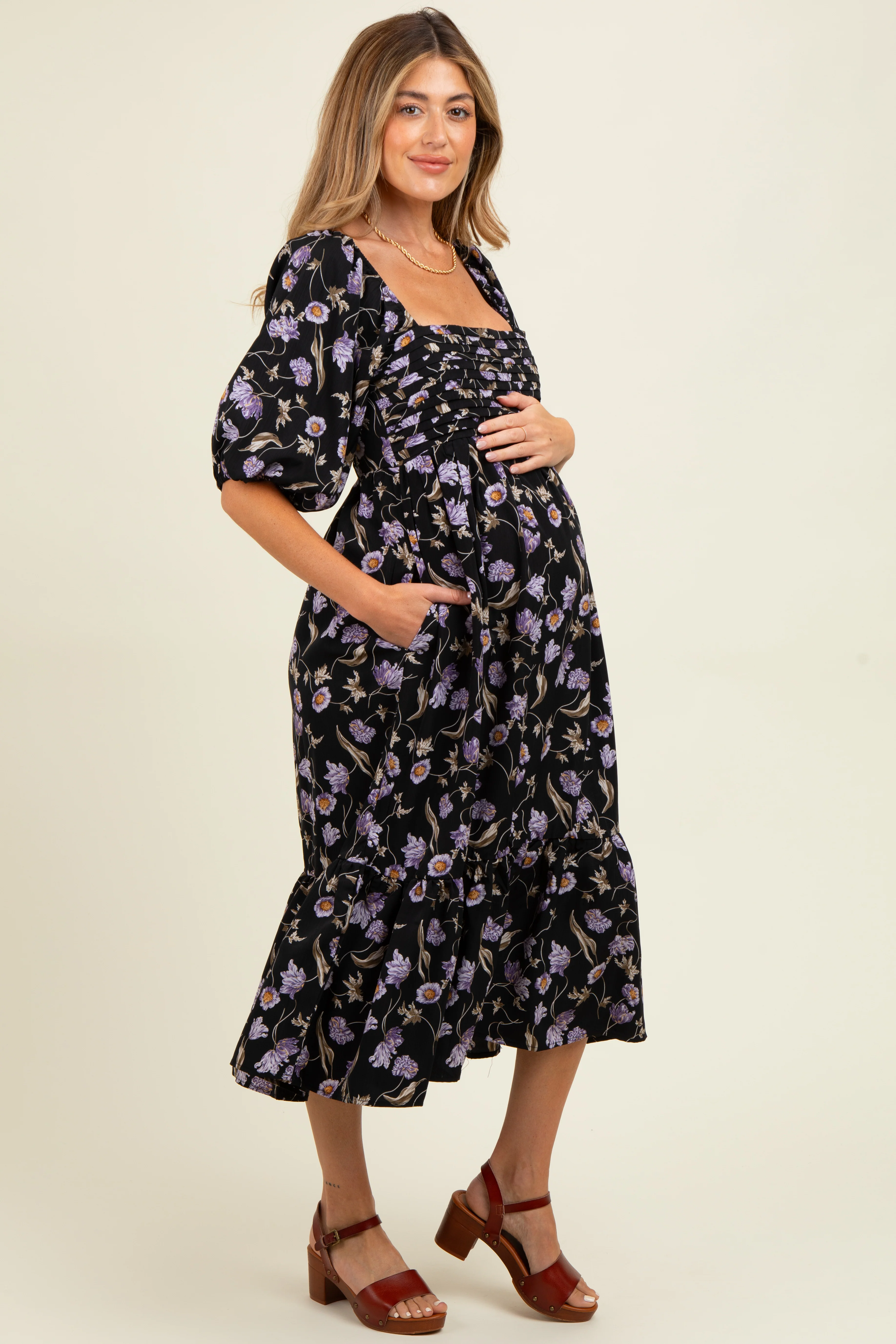 Black Floral Pleated Bodice 3/4 Sleeve Maternity Midi Dress - Image 3