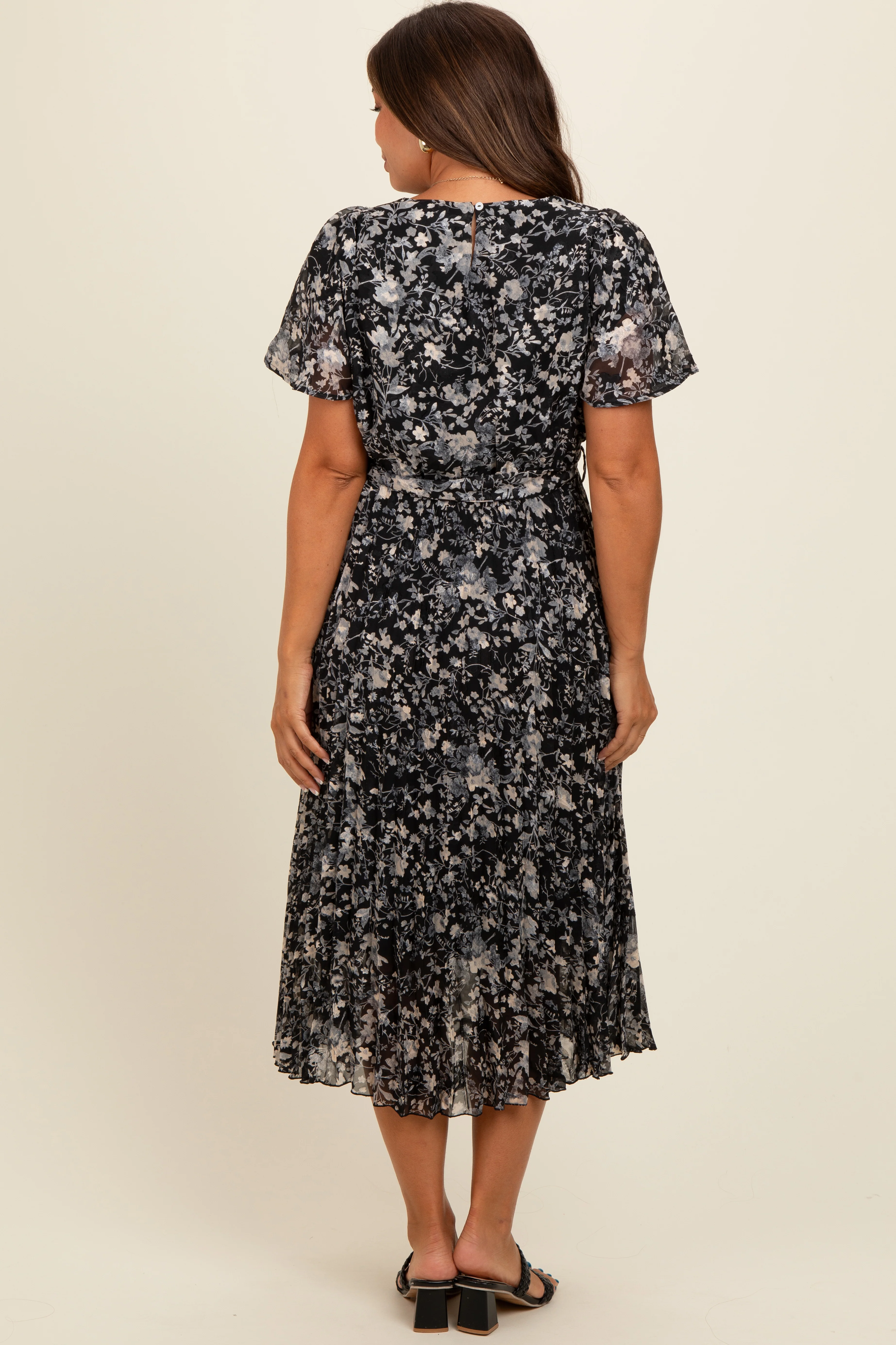 Black Floral Pleated Maternity Midi Dress - Image 4