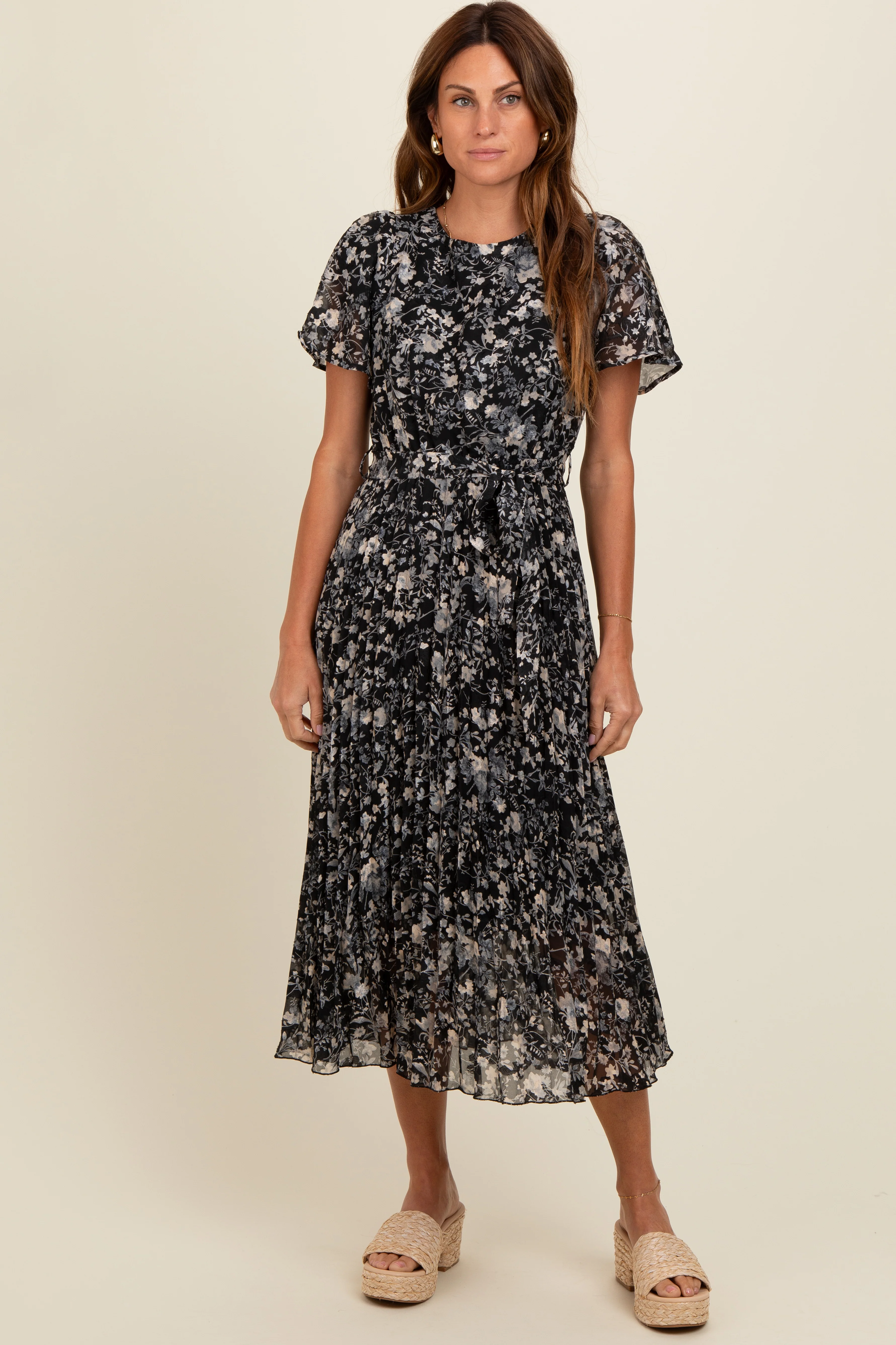 Black Floral Pleated Maternity Midi Dress - Image 5