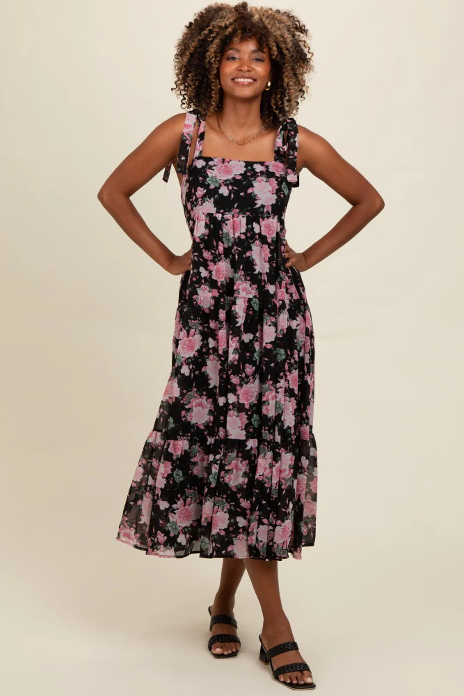 Black Floral Print Tie Strap Midi Dress - Image 2