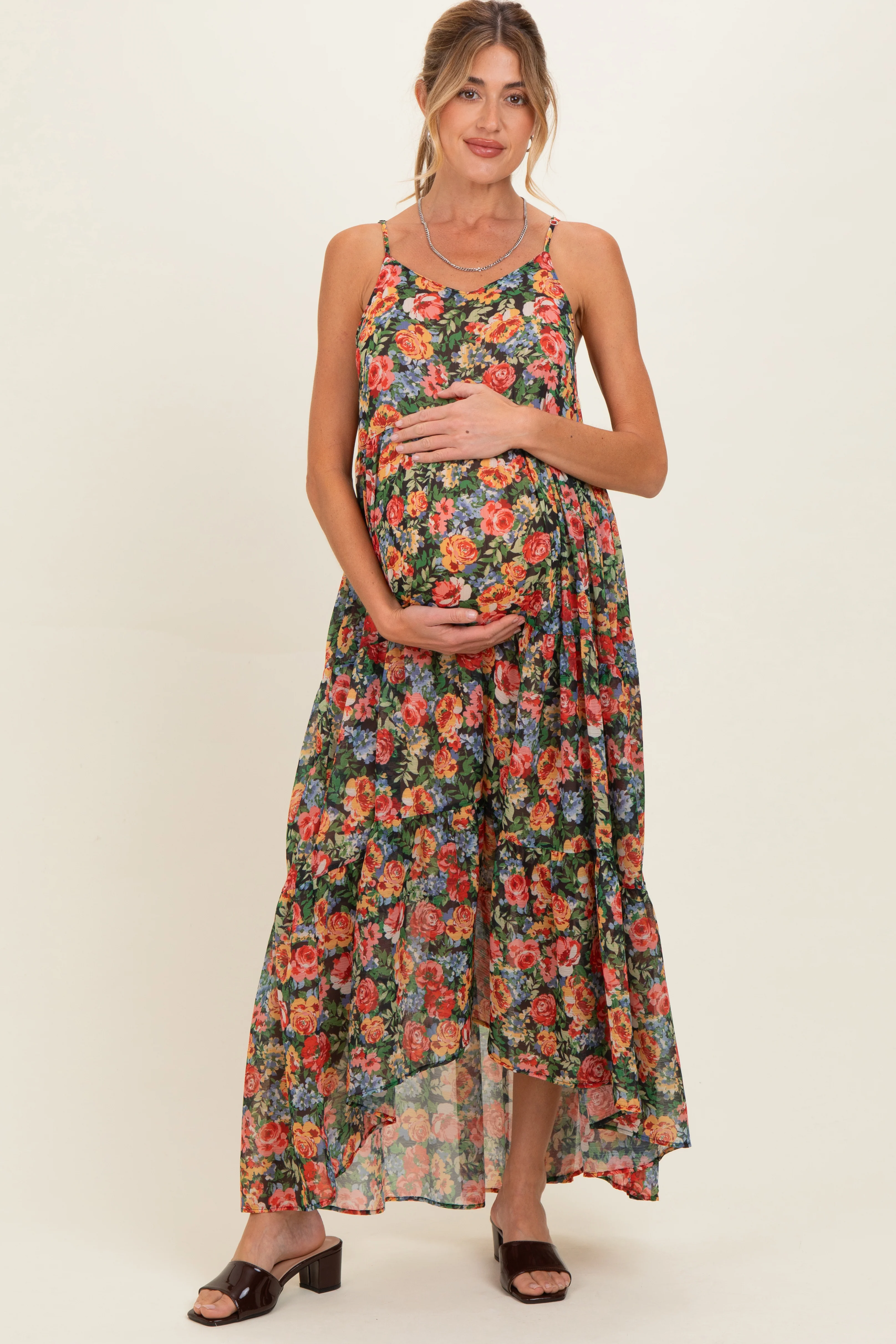 Black Floral Print V-Neck Tiered Maternity Maxi Dress - Image 4