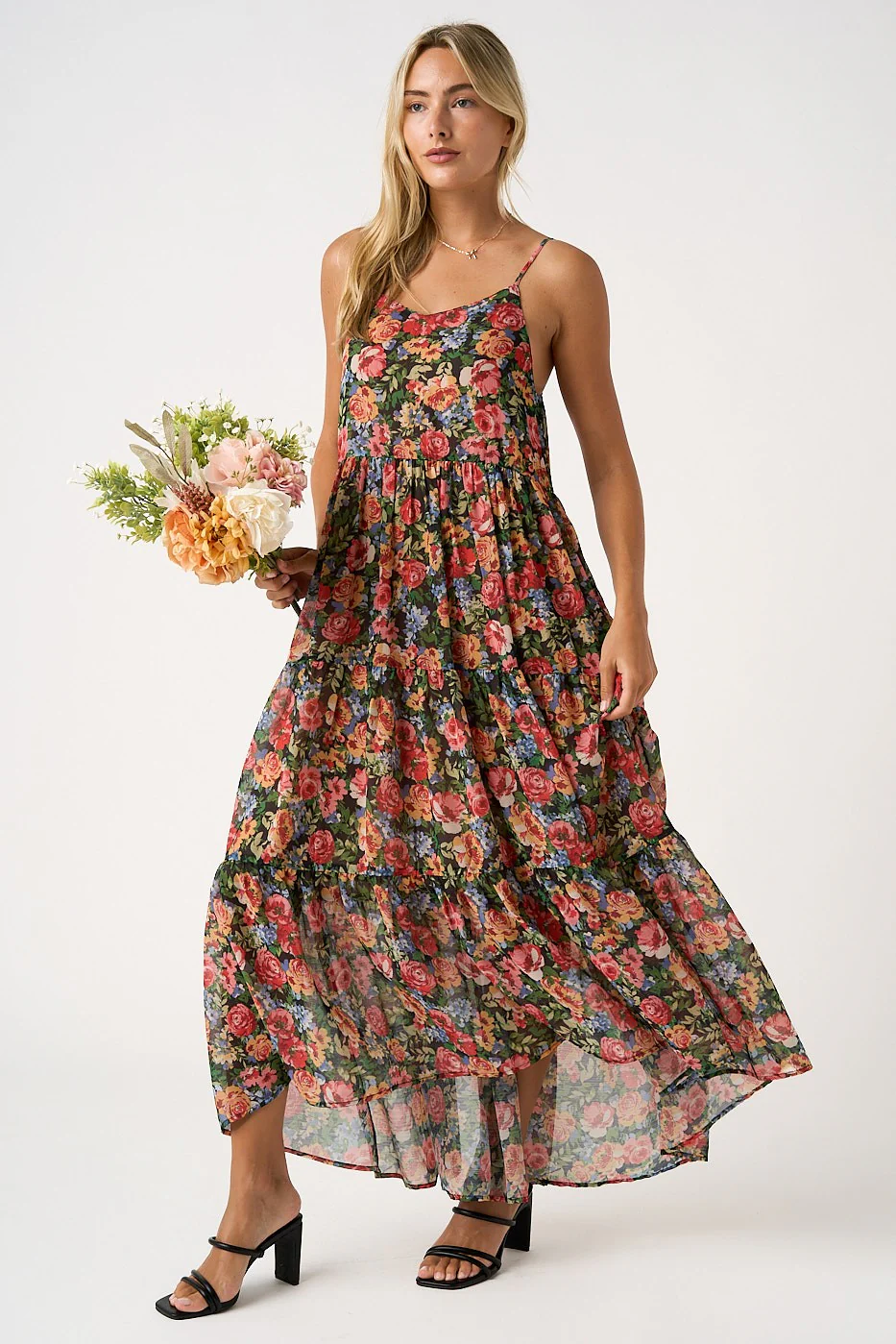 Black Floral Print V-Neck Tiered Maxi Dress - Image 2