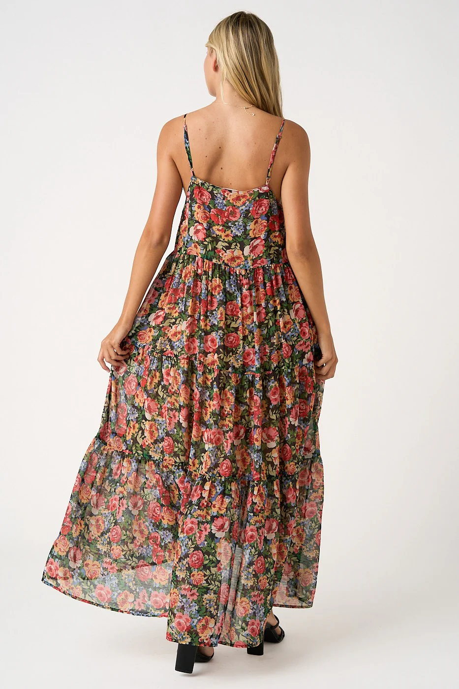 Black Floral Print V-Neck Tiered Maxi Dress - Image 4