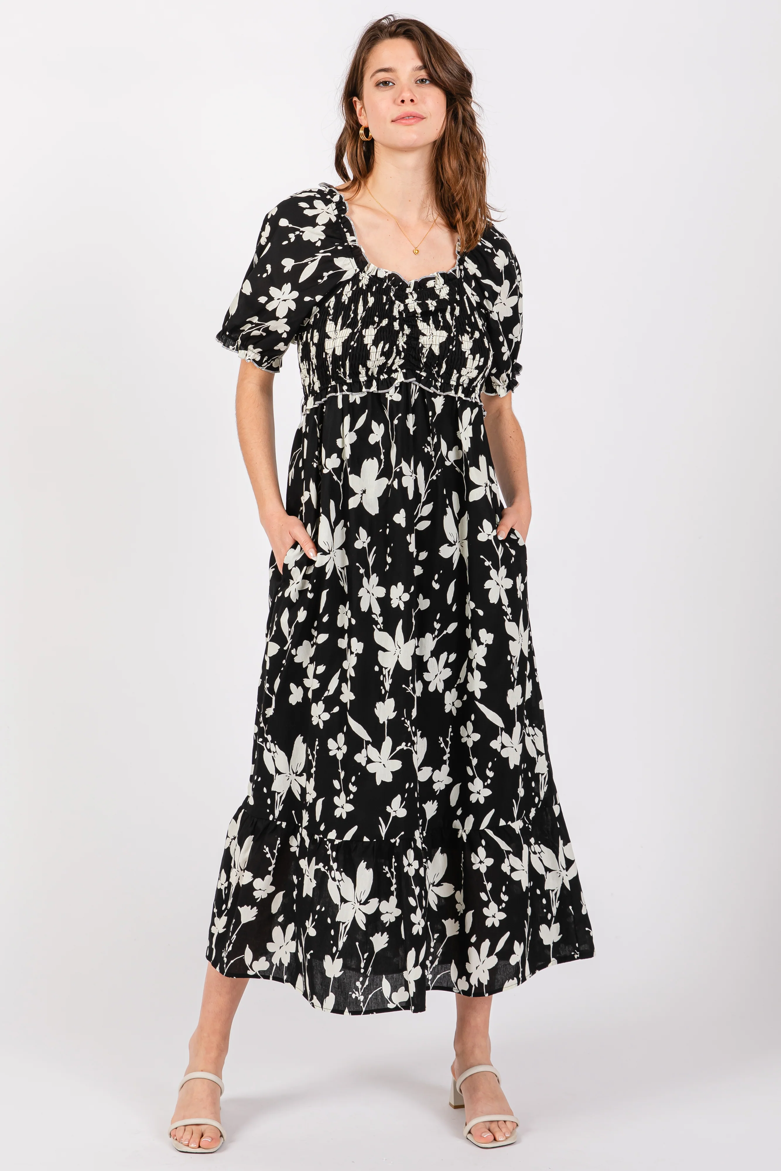 Black Floral Puff Sleeve Maternity Midi Dress - Image 4
