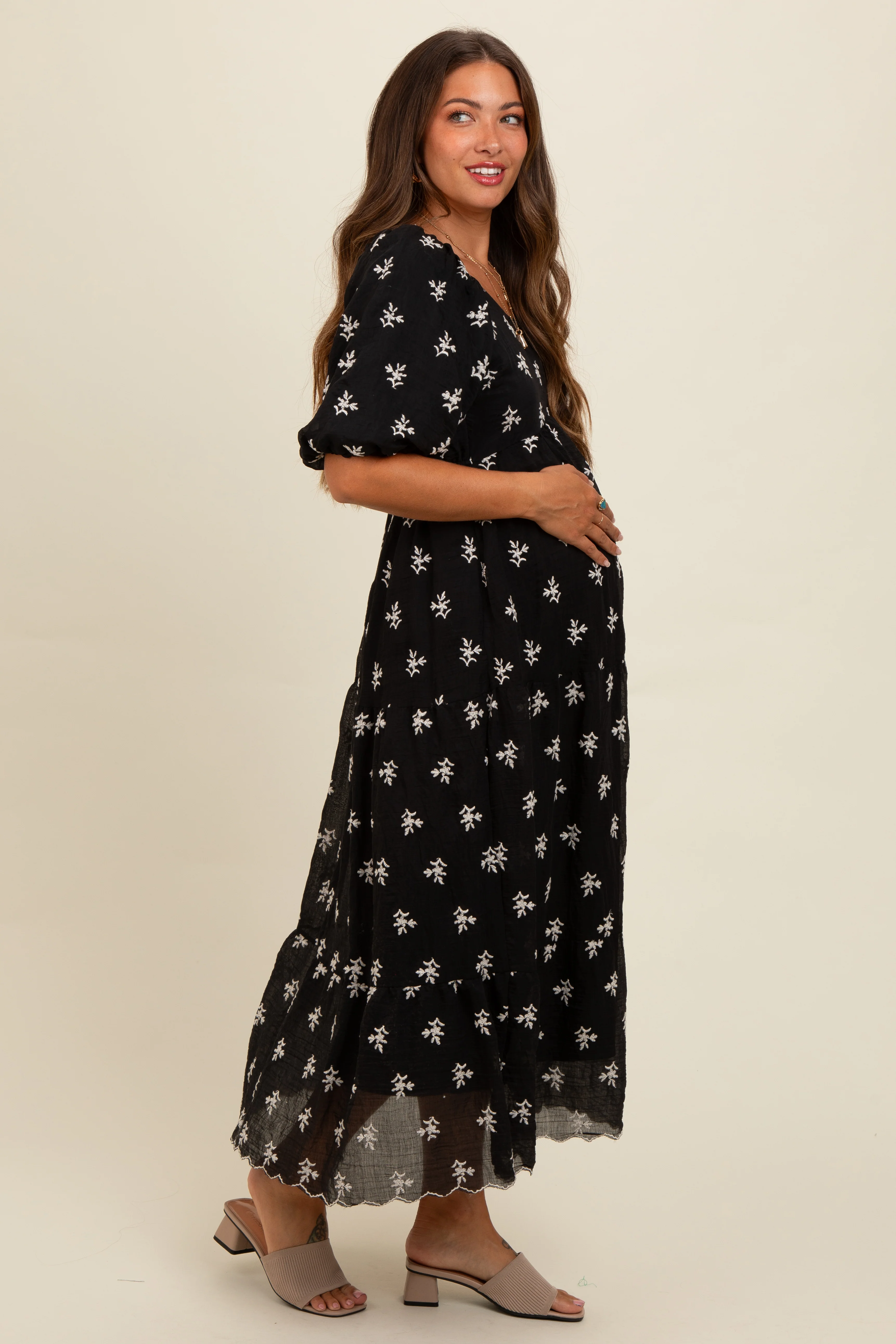 Black Floral Puff Sleeve Maternity Midi Dress - Image 3