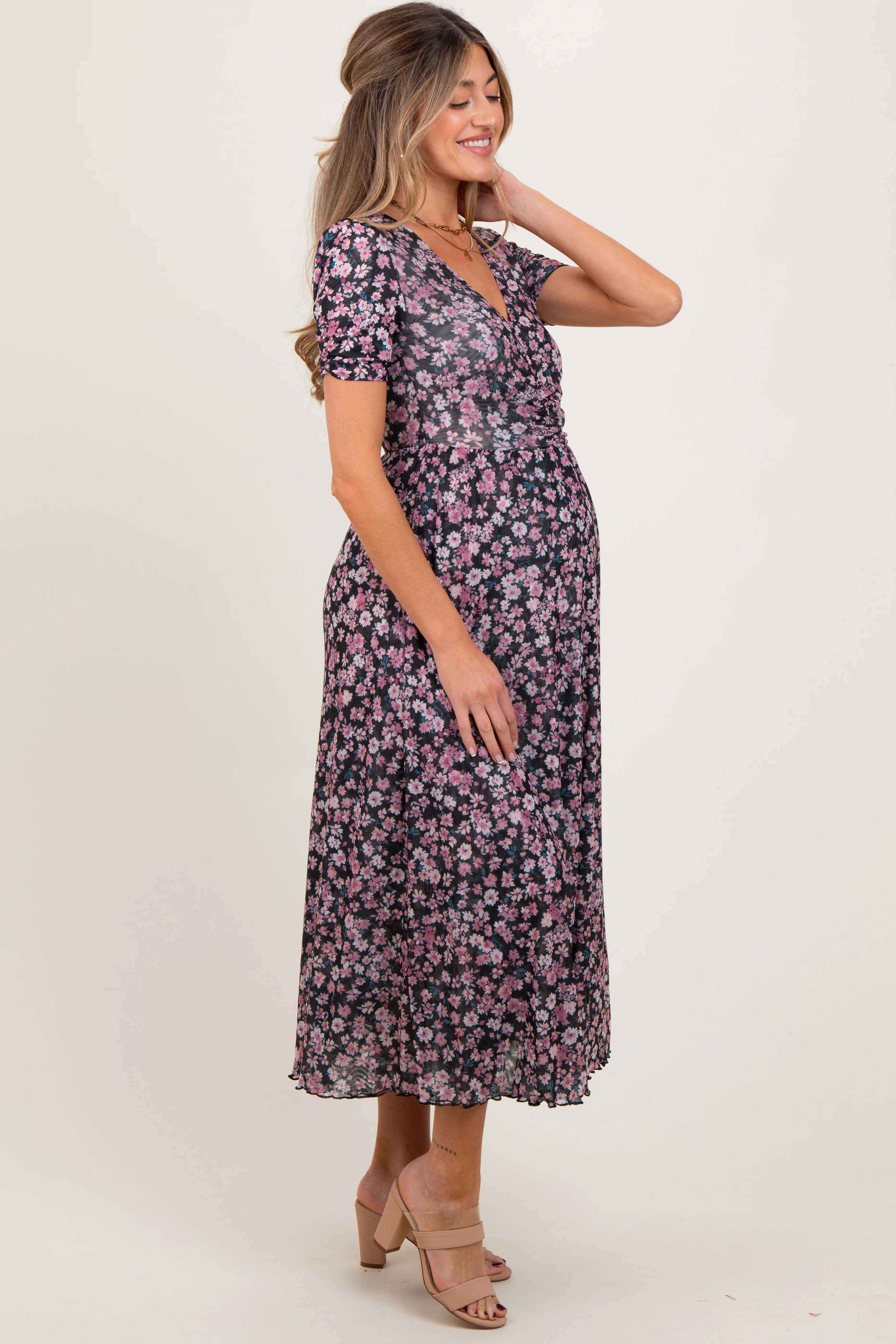 Black Floral Reversible Front Cinched Maternity Midi Dress - Image 3