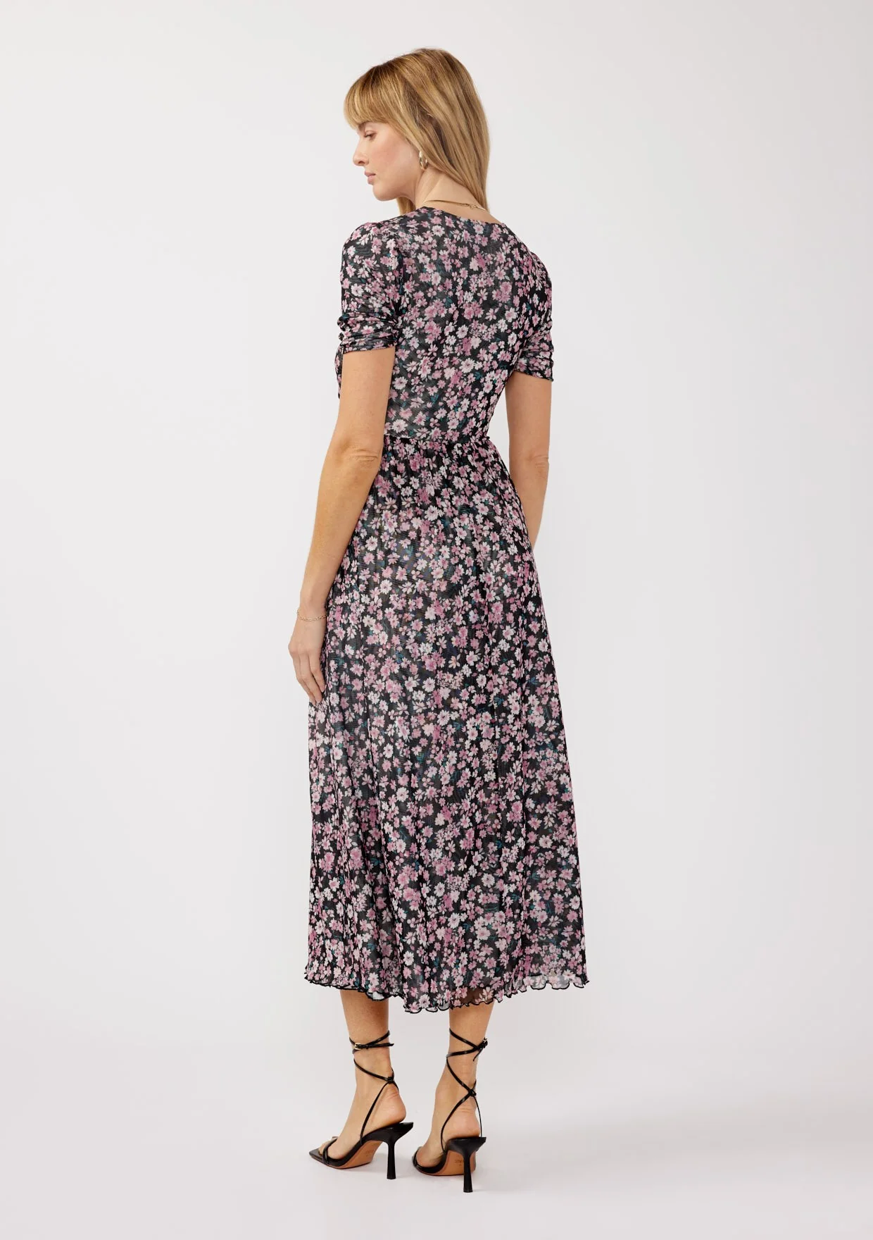 Black Floral Reversible Front Cinched Midi Dress - Image 3