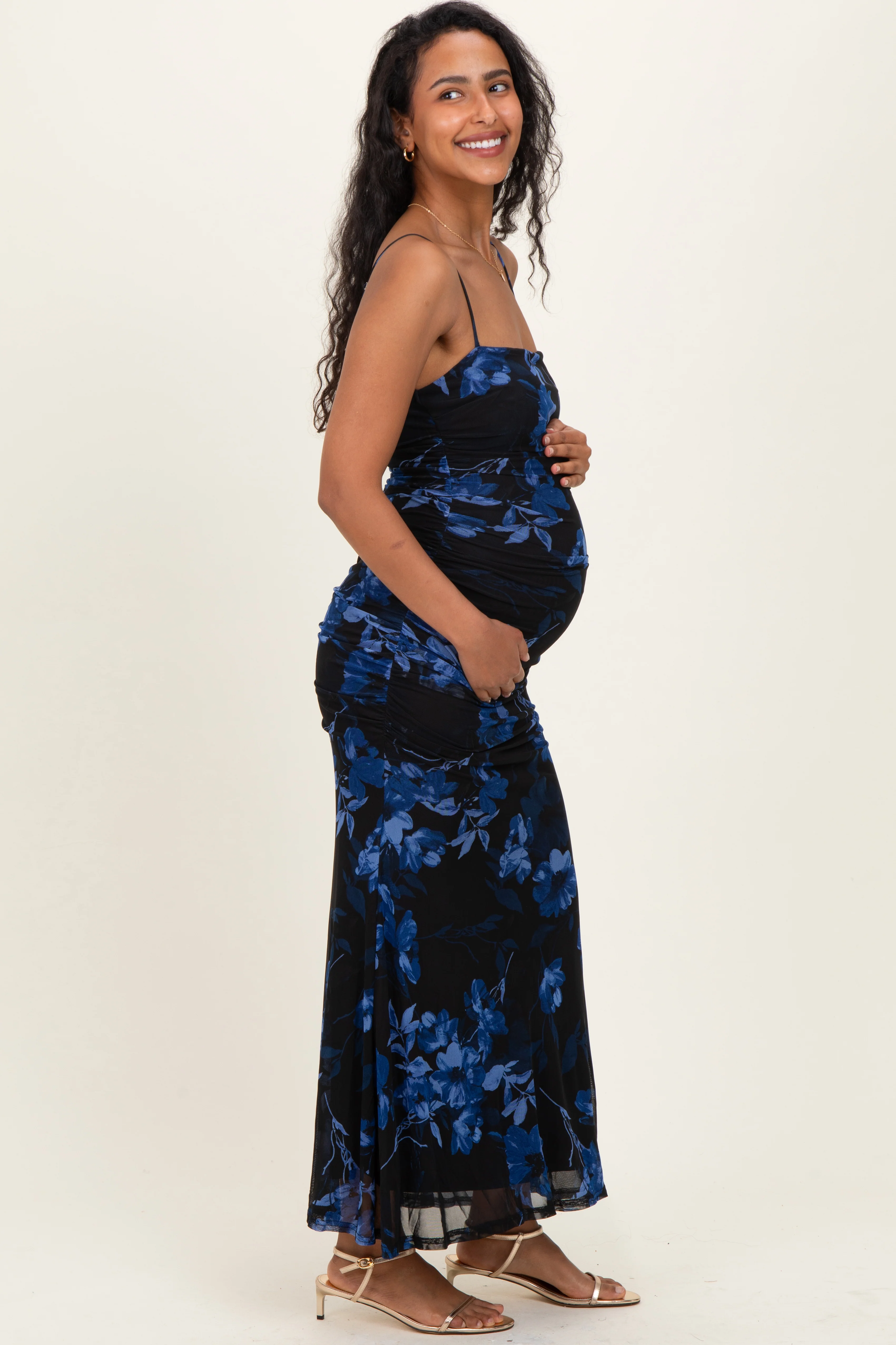 Black Floral Ruched Mesh Maternity Maxi Dress - Image 3