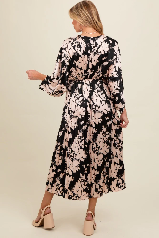 Black Floral Satin Pleated V-Neck Maternity Maxi Dress - Image 3