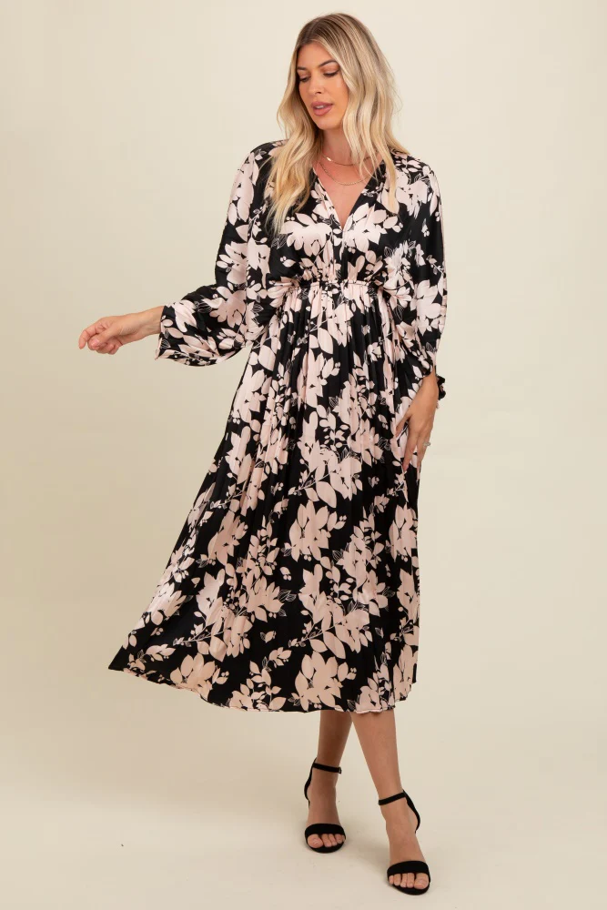 Black Floral Satin Pleated V-Neck Maternity Maxi Dress - Image 4