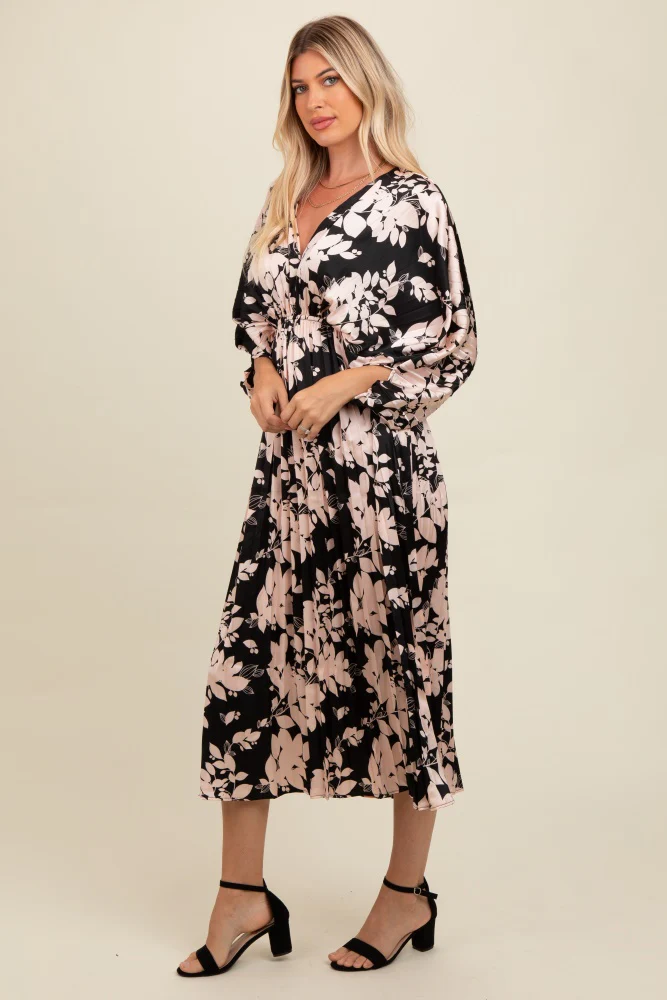Black Floral Satin Pleated V-Neck Maxi Dress - Image 3