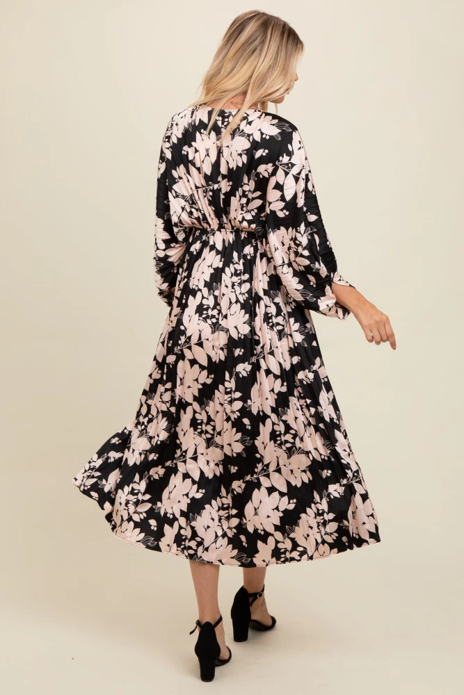 Black Floral Satin Pleated V-Neck Maxi Dress - Image 4