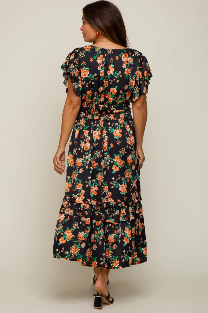 Black Floral Satin Ruffle Maternity Midi Dress - Image 4