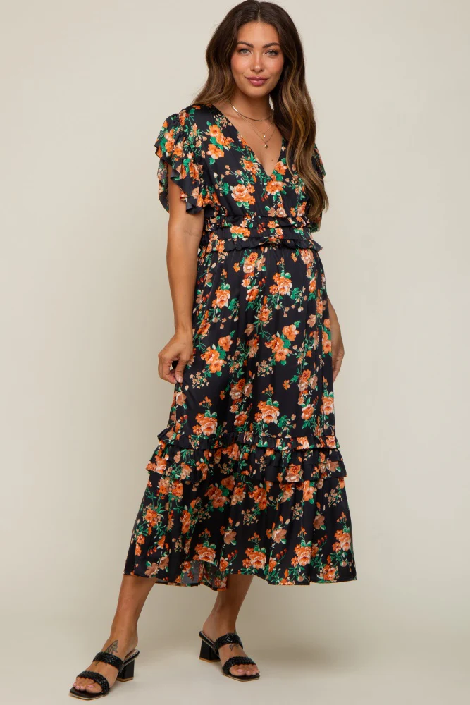 Black Floral Satin Ruffle Maternity Midi Dress - Image 5