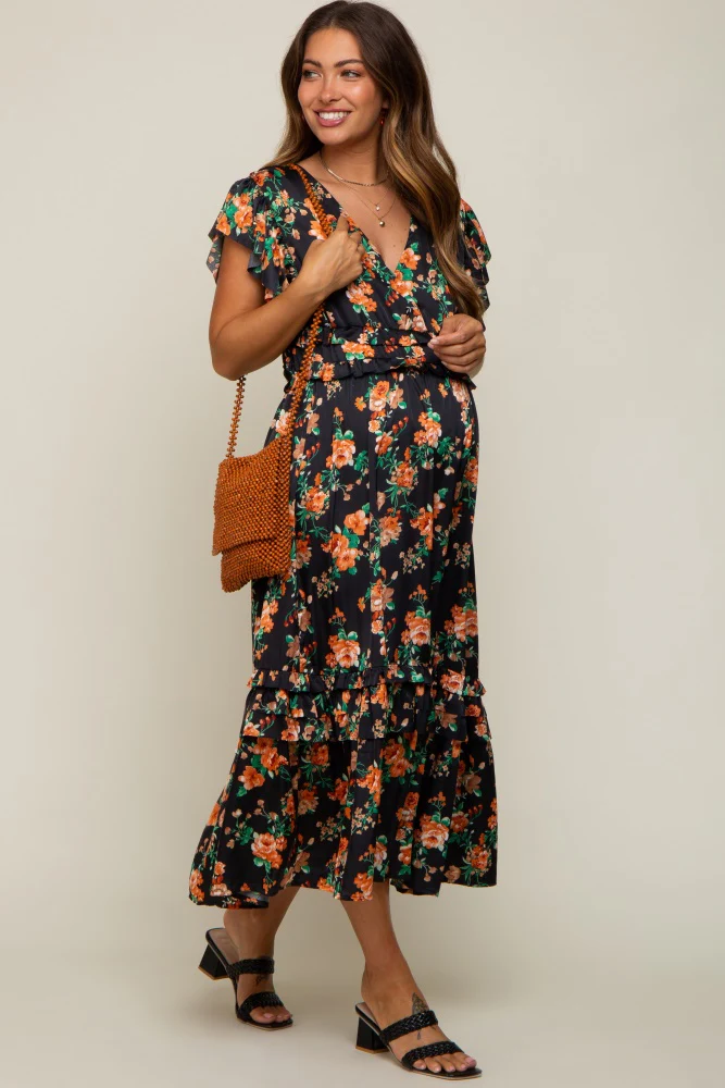 Black Floral Satin Ruffle Maternity Midi Dress - Image 6