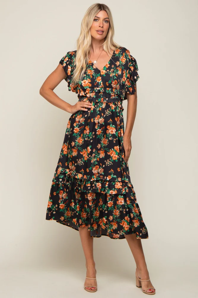Black Floral Satin Ruffle Maternity Midi Dress - Image 8