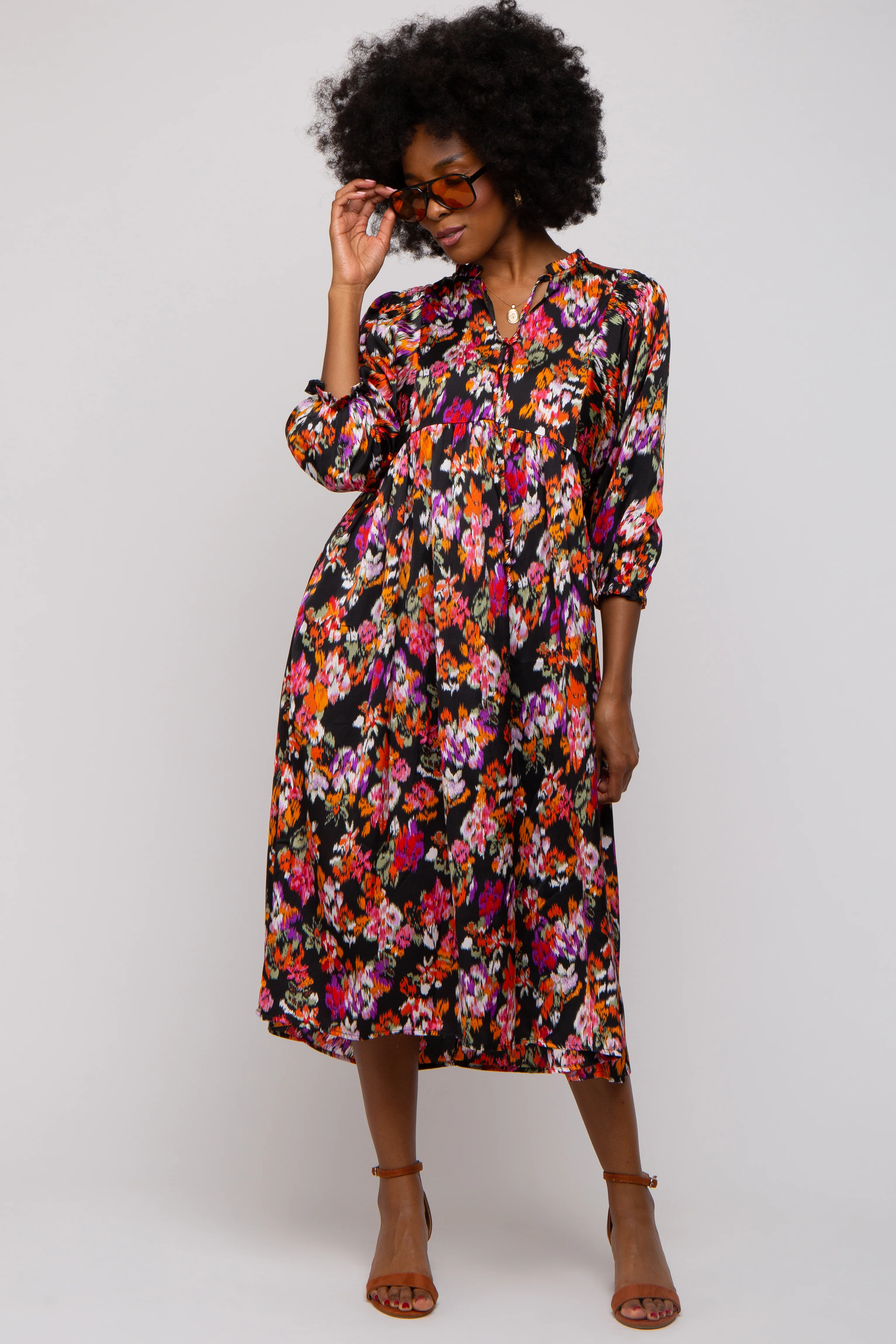 Black Floral Satin Ruffle Neck Maternity Midi Dress - Image 6