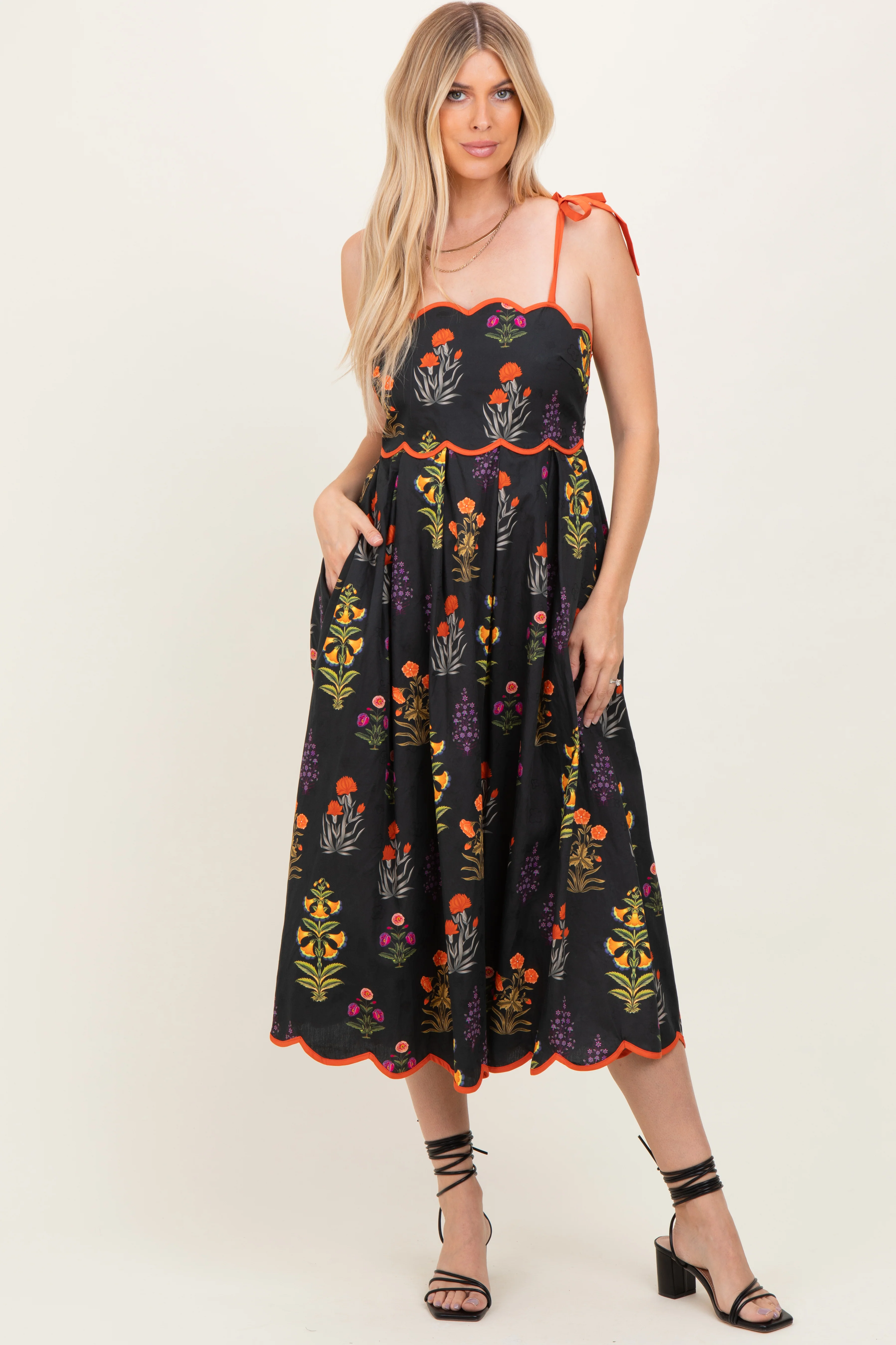 Black Floral Scallop Edge Shoulder Tie Maternity Midi Dress - Image 5