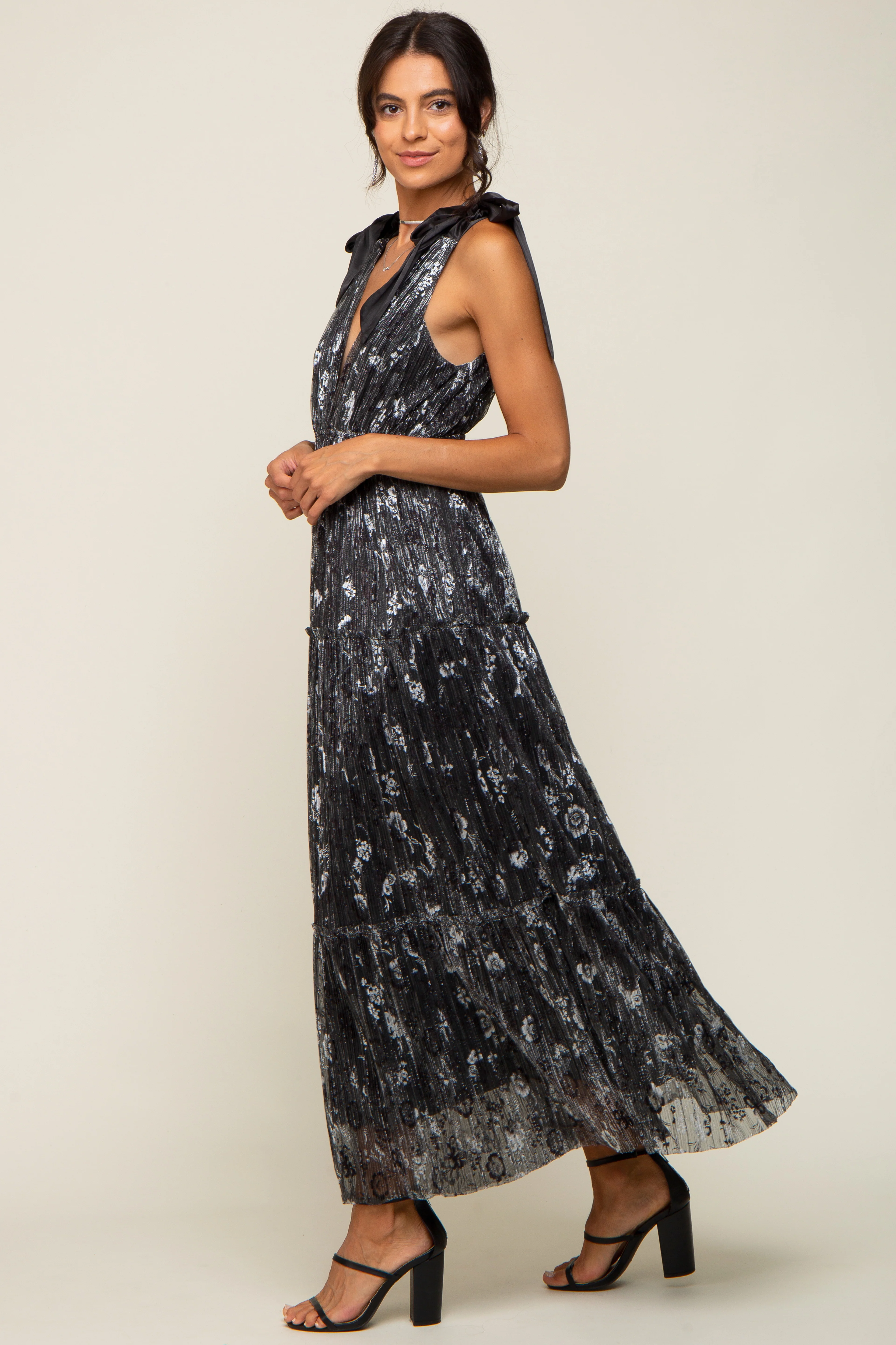 Black Floral Shimmer Deep V Shoulder Tie Maternity Midi Dress - Image 7