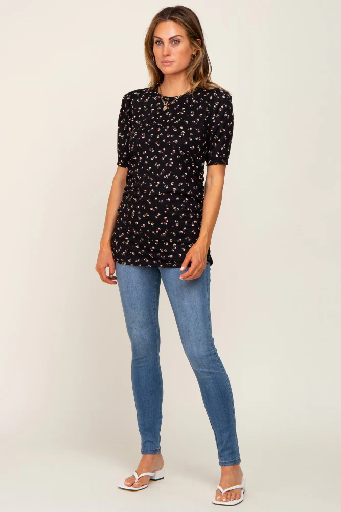 Black Floral Side Ruched Short Sleeve Top - Image 4