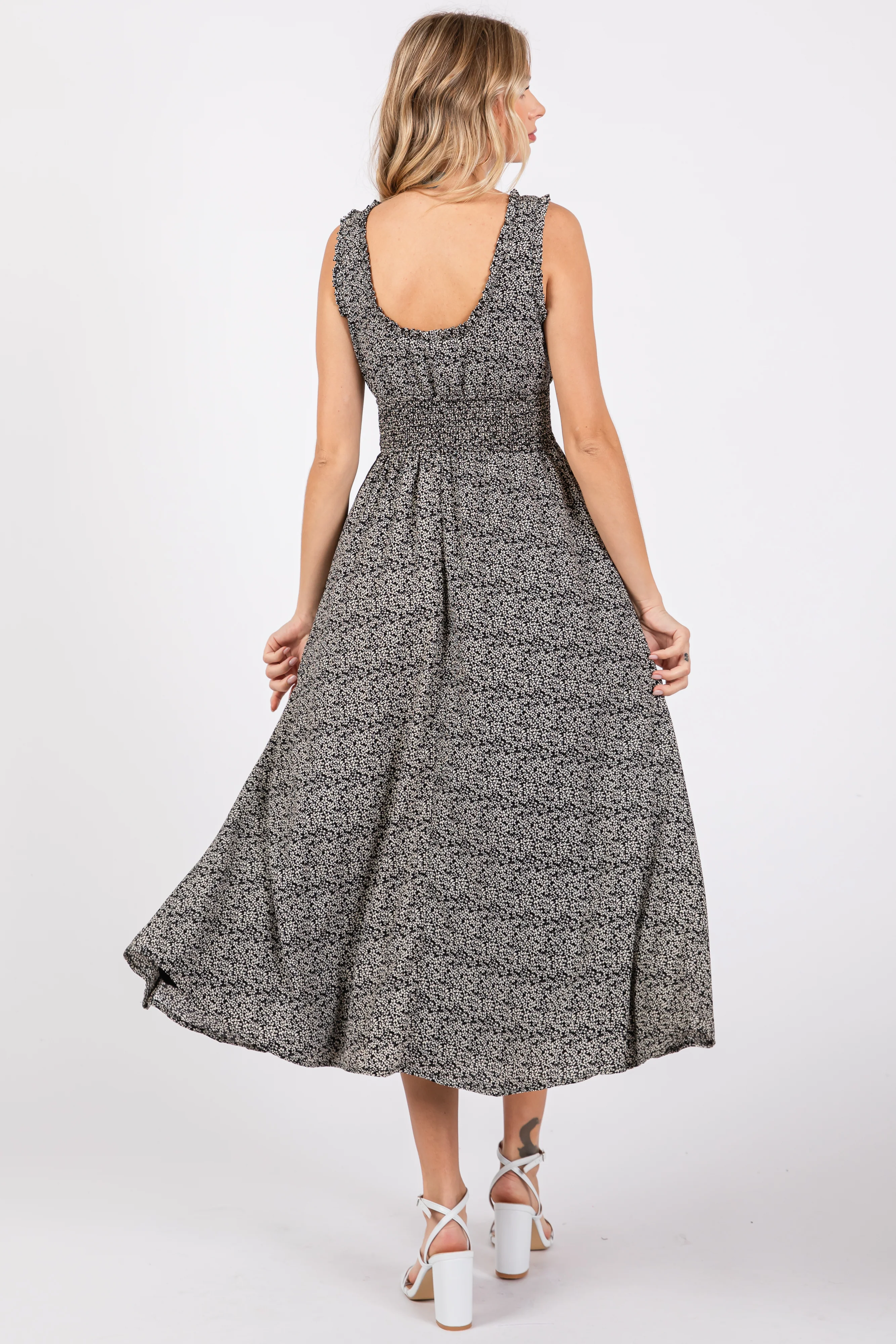 Black Floral Sleeveless Smocked Waist Midi Dress - Image 3