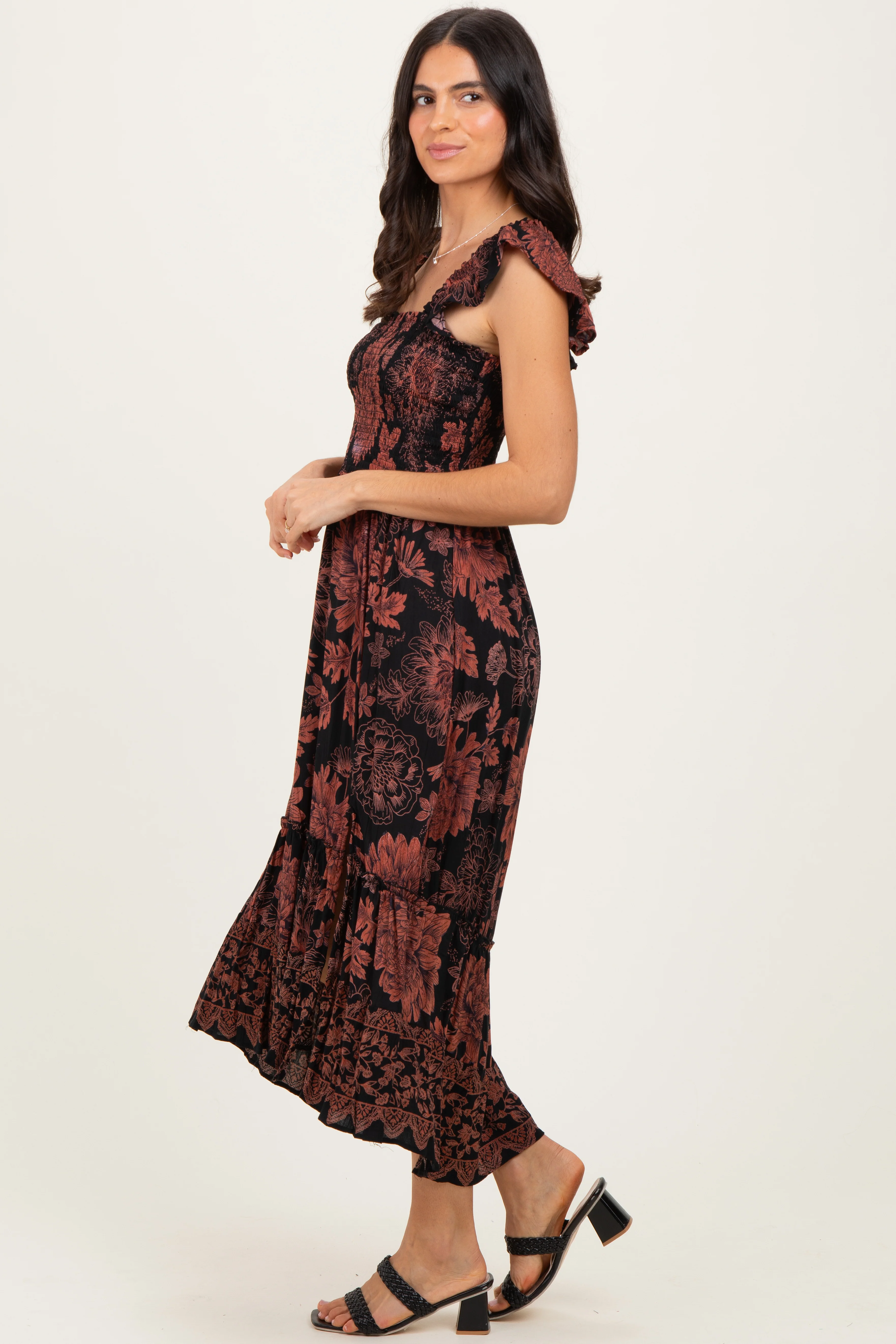 Black Floral Smocked Flutter Sleeve Midi Dress - Image 3