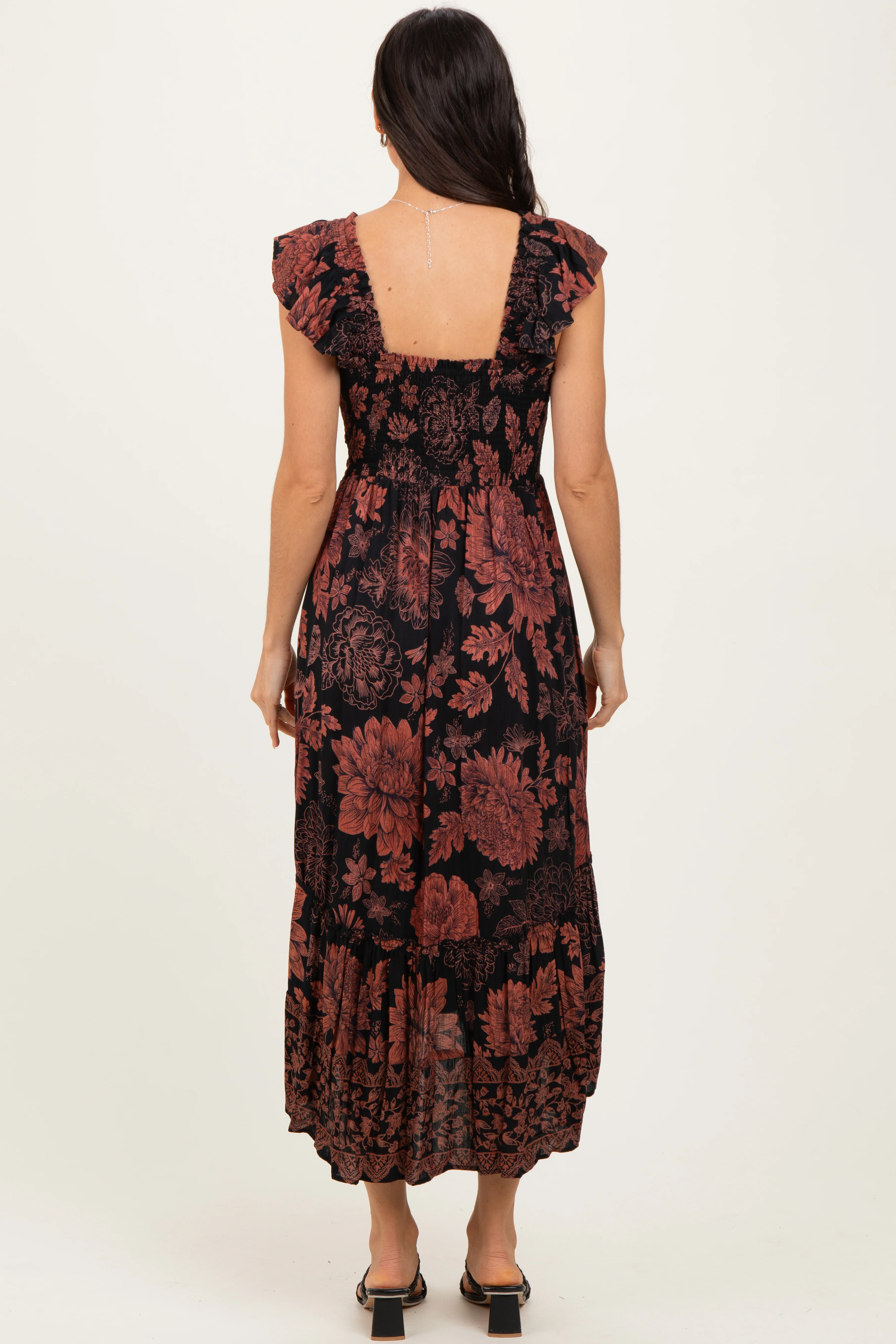 Black Floral Smocked Flutter Sleeve Midi Dress - Image 4