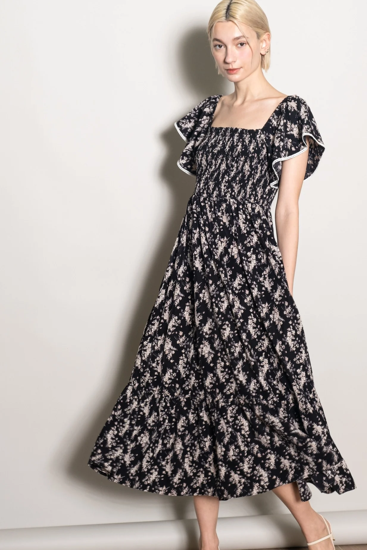 Black Floral Smocked Lace Trim Flutter Sleeve Maternity Midi Dress - Image 5