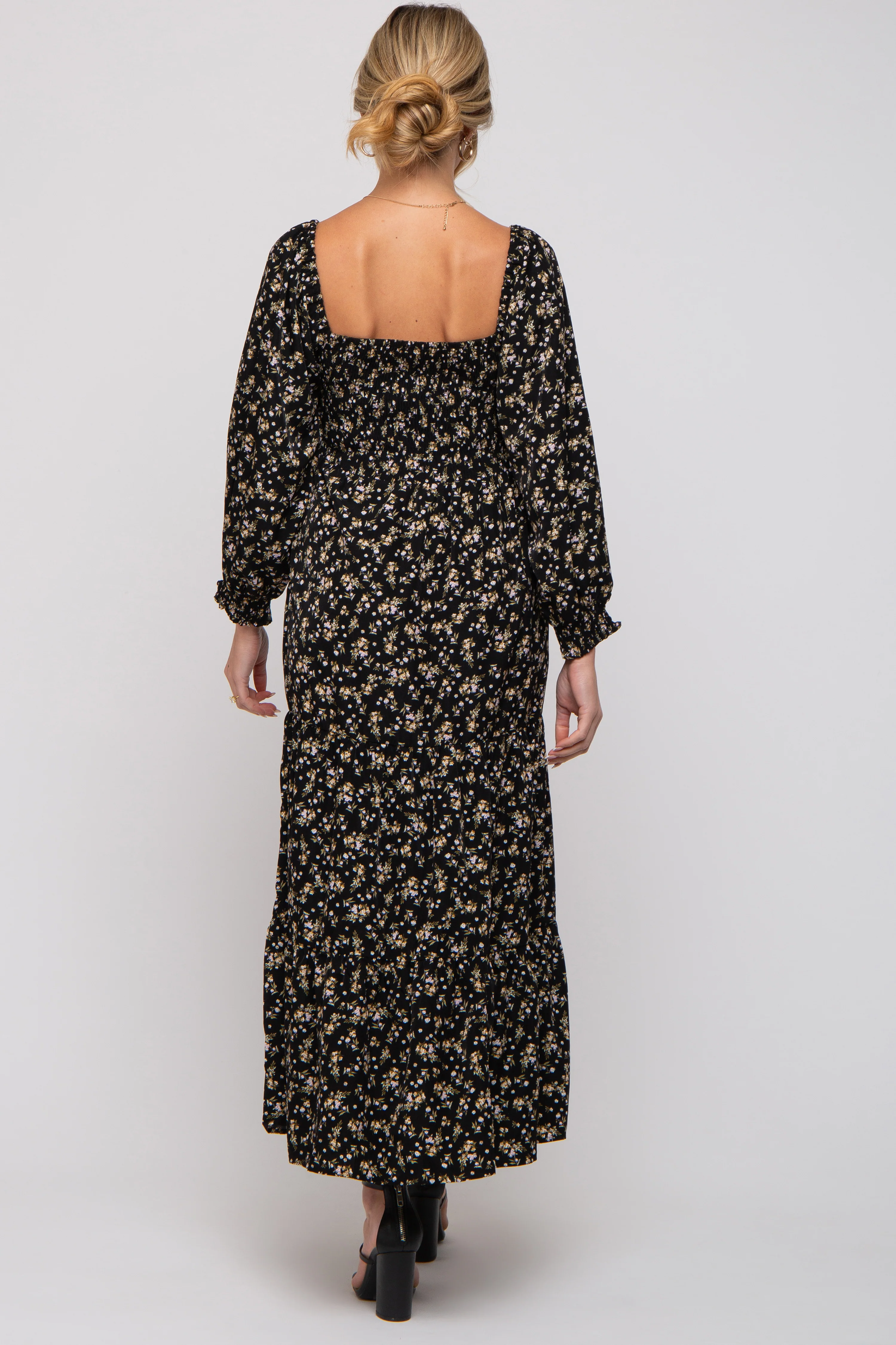 Black Floral Smocked Long Sleeve Maternity Maxi Dress - Image 3