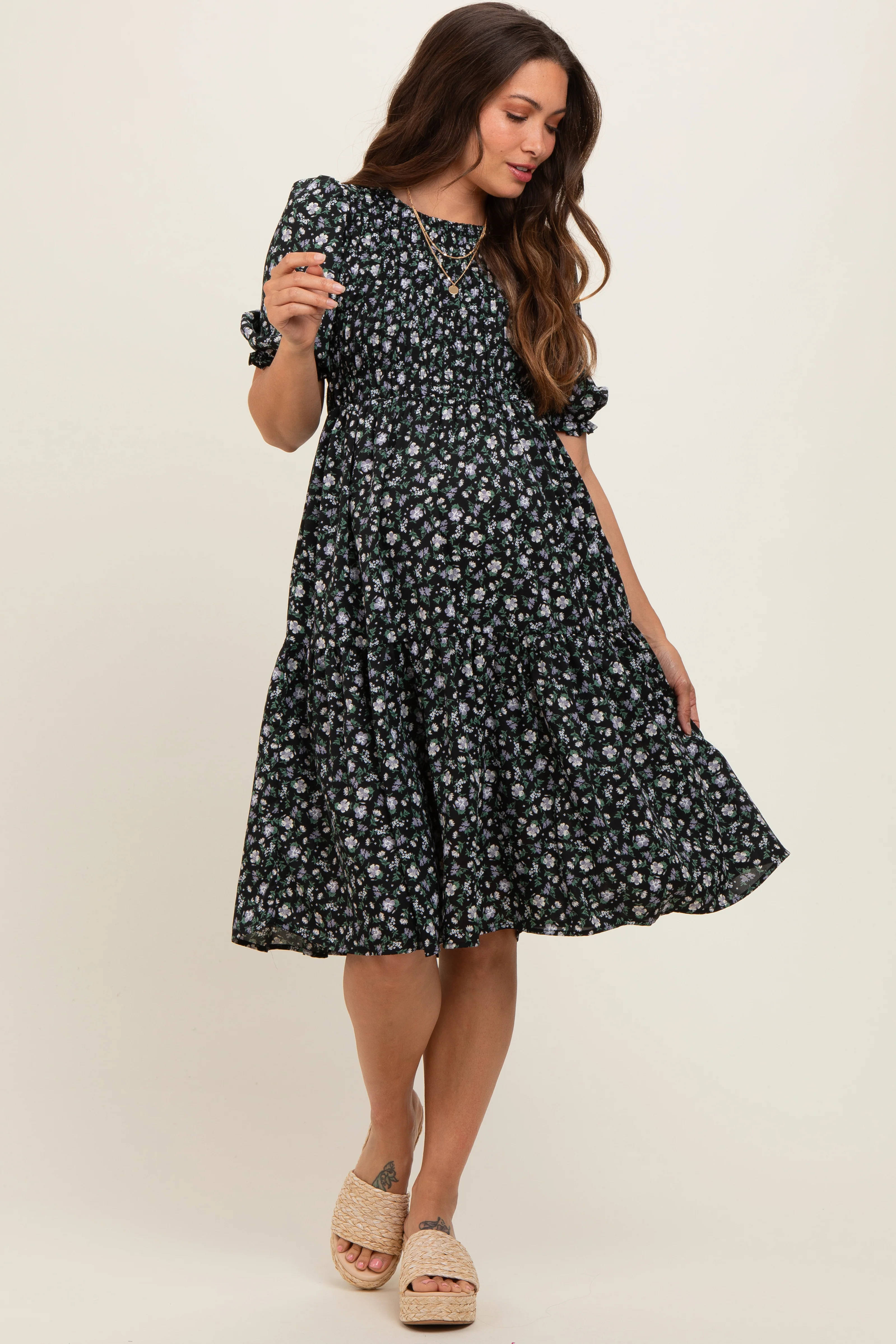 Black Floral Smocked Maternity Midi Dress - Image 3