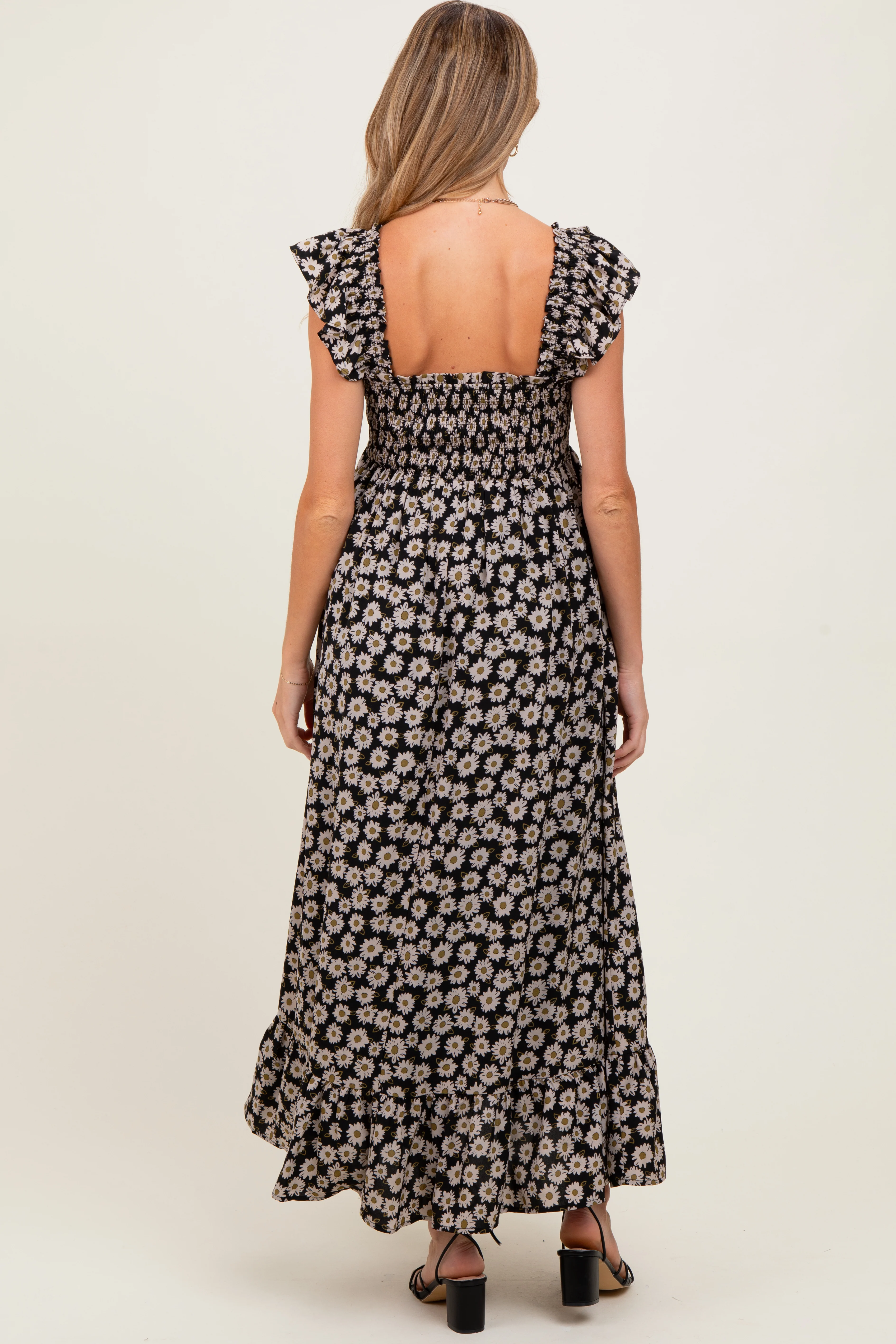Black Floral Smocked Maternity Midi Dress - Image 4
