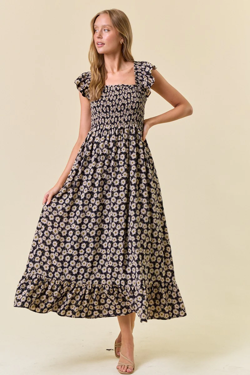 Black Floral Smocked Maternity Midi Dress - Image 5