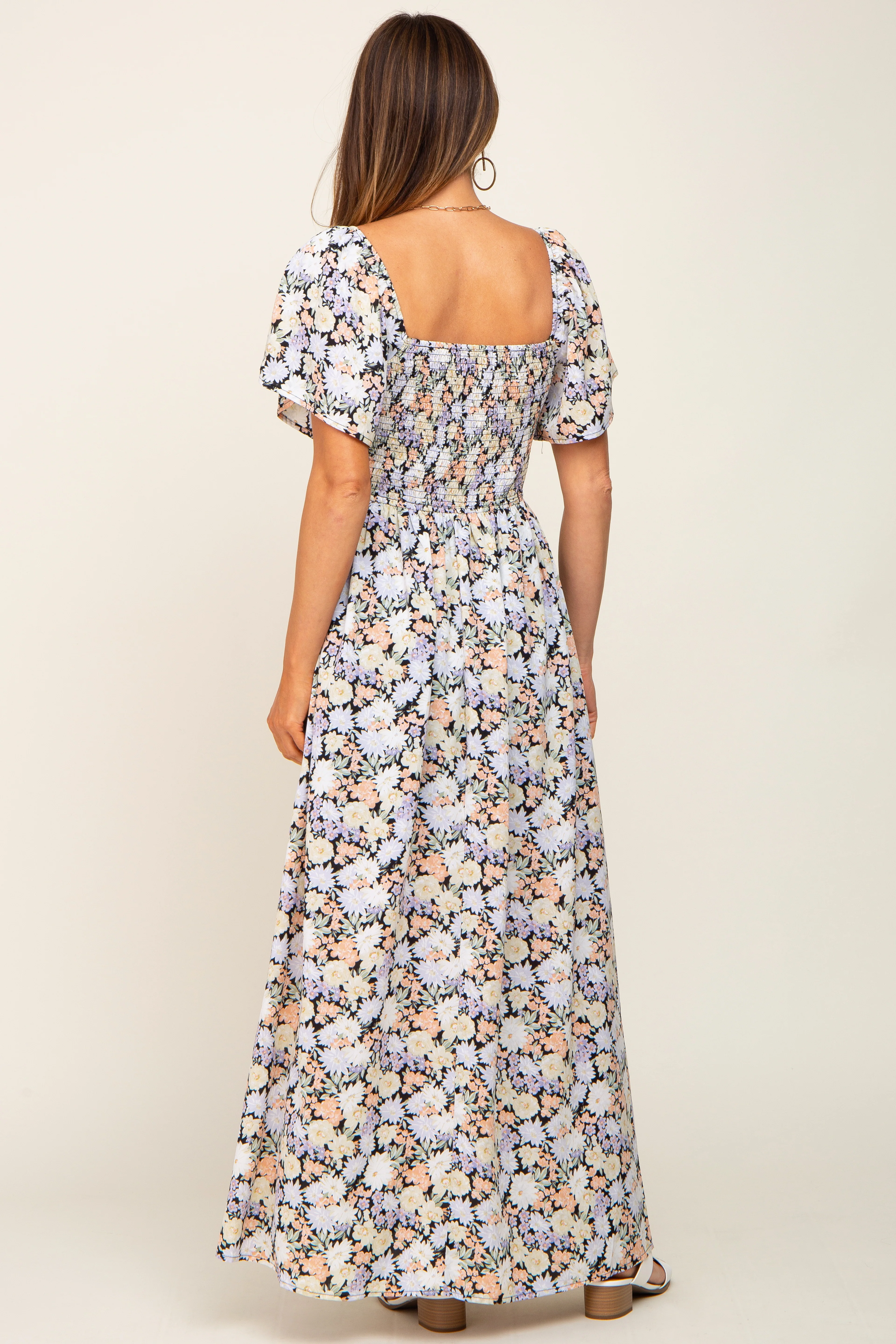 Black Floral Smocked Maxi Dress - Image 3