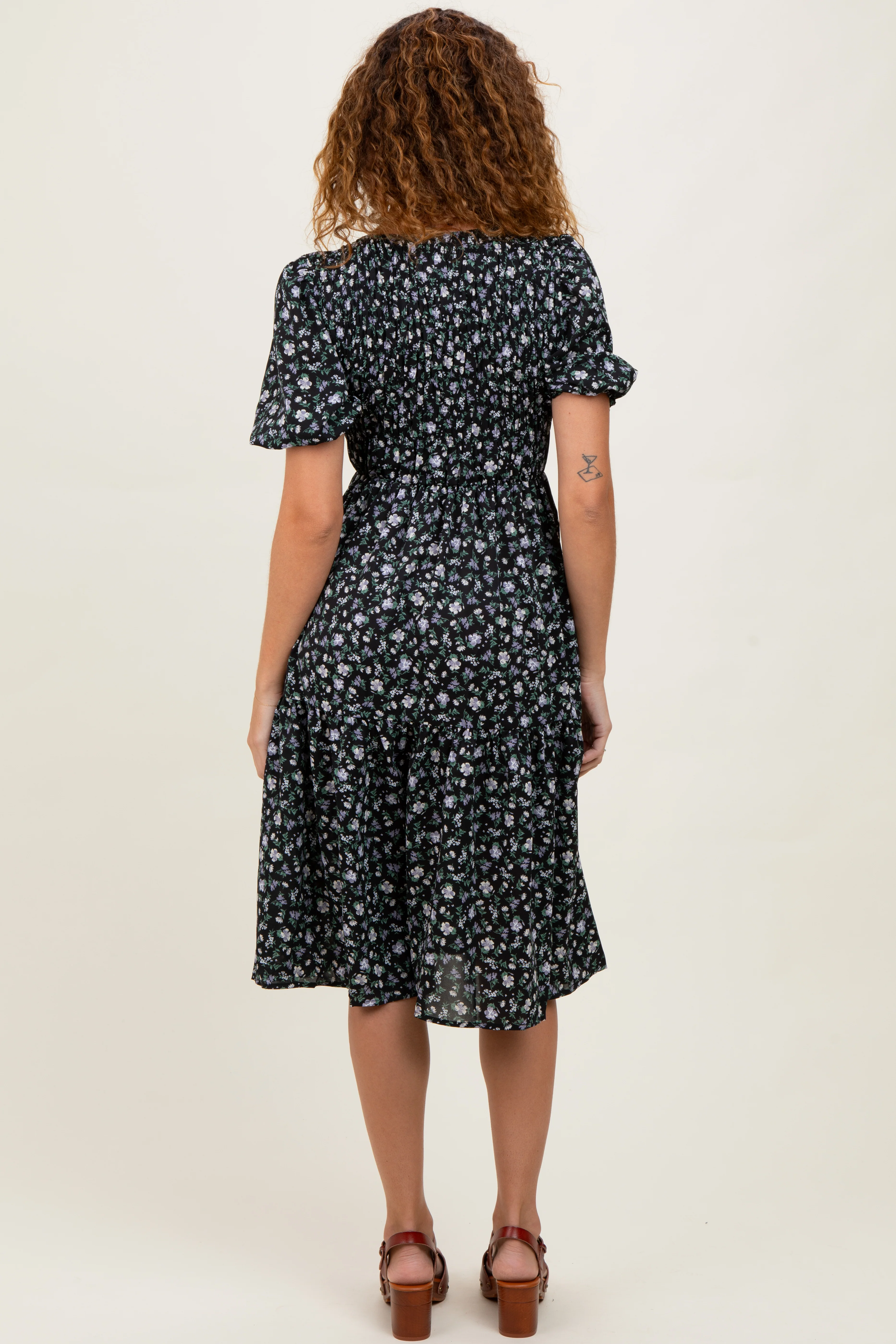 Black Floral Smocked Midi Dress - Image 3