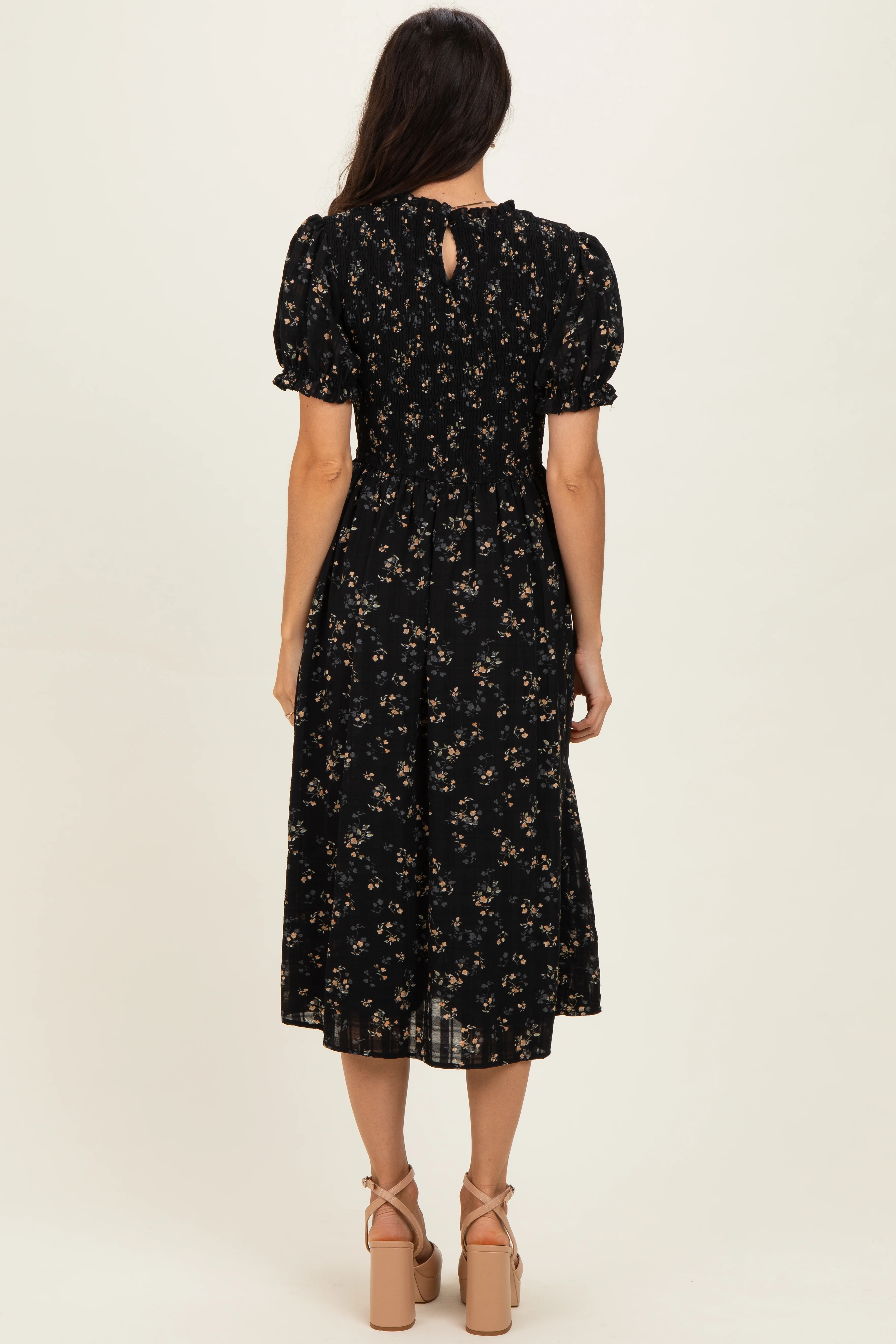 Black Floral Smocked Midi Dress - Image 3