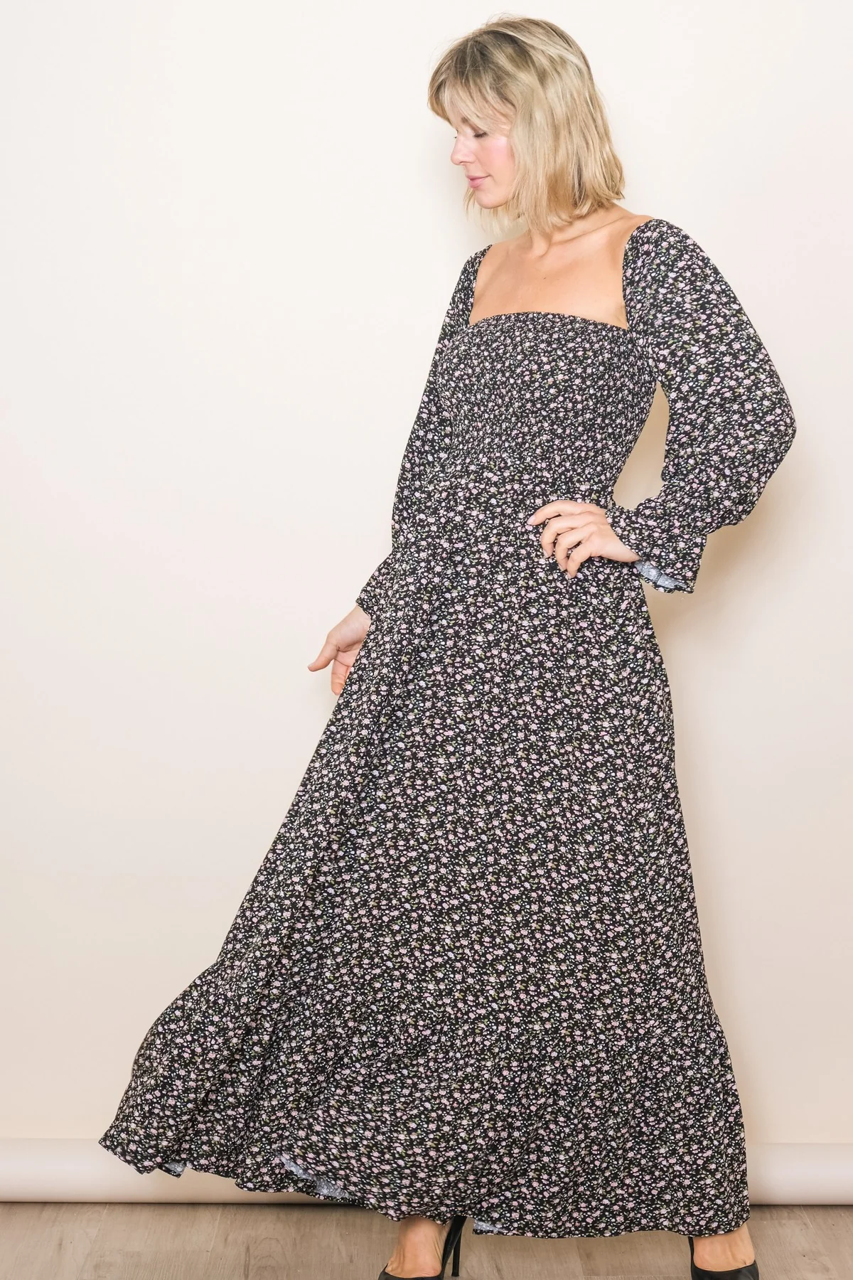 Black Floral Smocked Off Shoulder Maternity Maxi Dress - Image 3