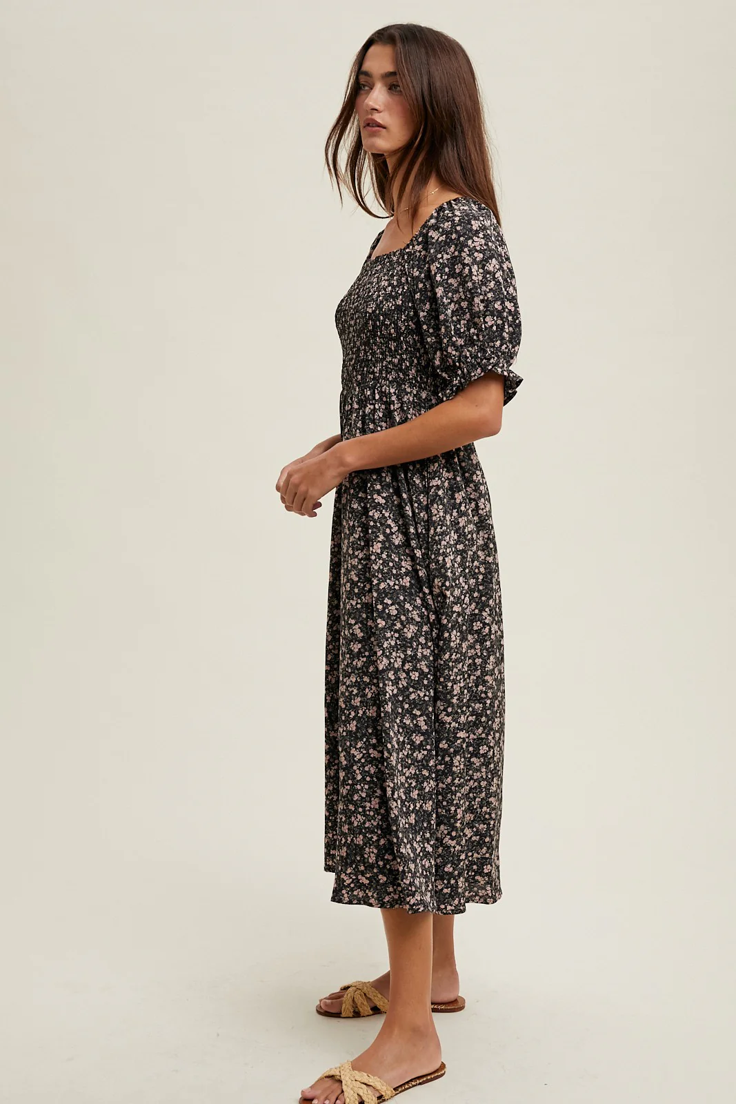 Black Floral Smocked Puff Sleeve Midi Dress - Image 3
