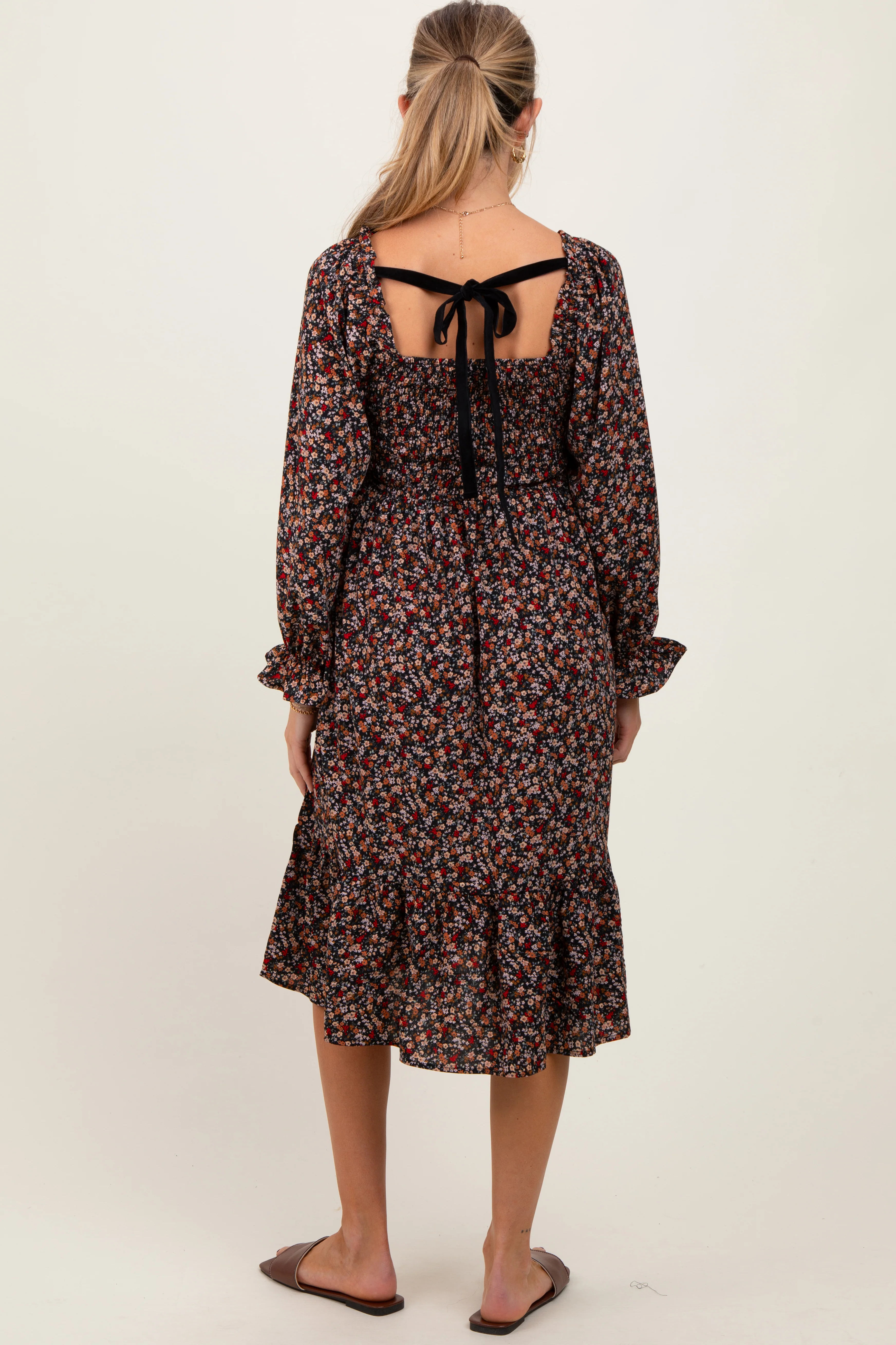 Black Floral Smocked Velvet Back Tie Maternity Midi Dress - Image 4