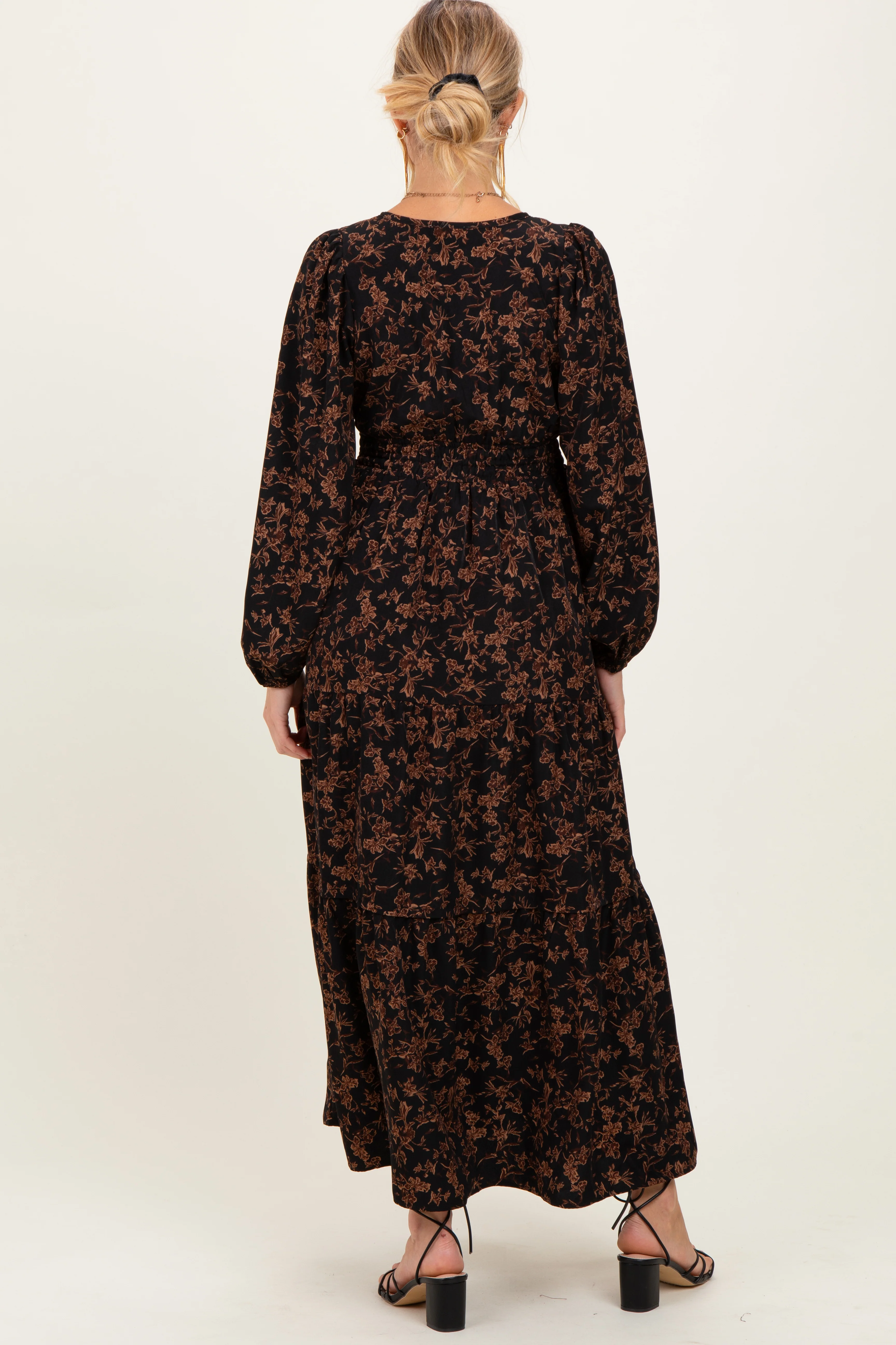Black Floral Smocked Waist Long Sleeve Maternity Midi Dress - Image 3