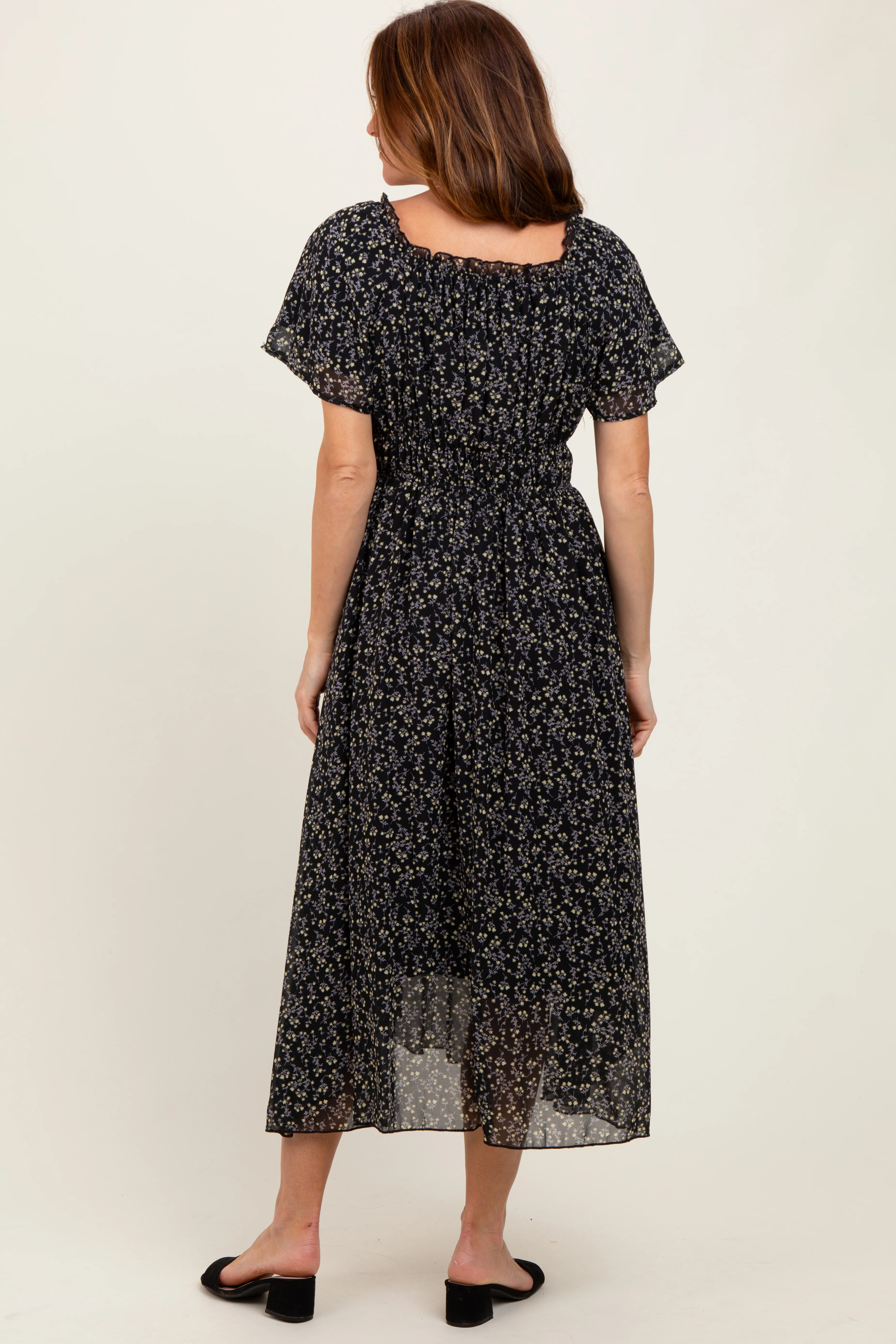 Black Floral Square Neck Front Tie Midi Dress - Image 4