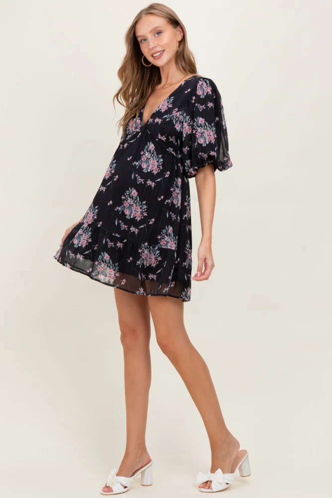 Black Floral Striped V-Neck Cutout Maternity Mini Dress - Image 2