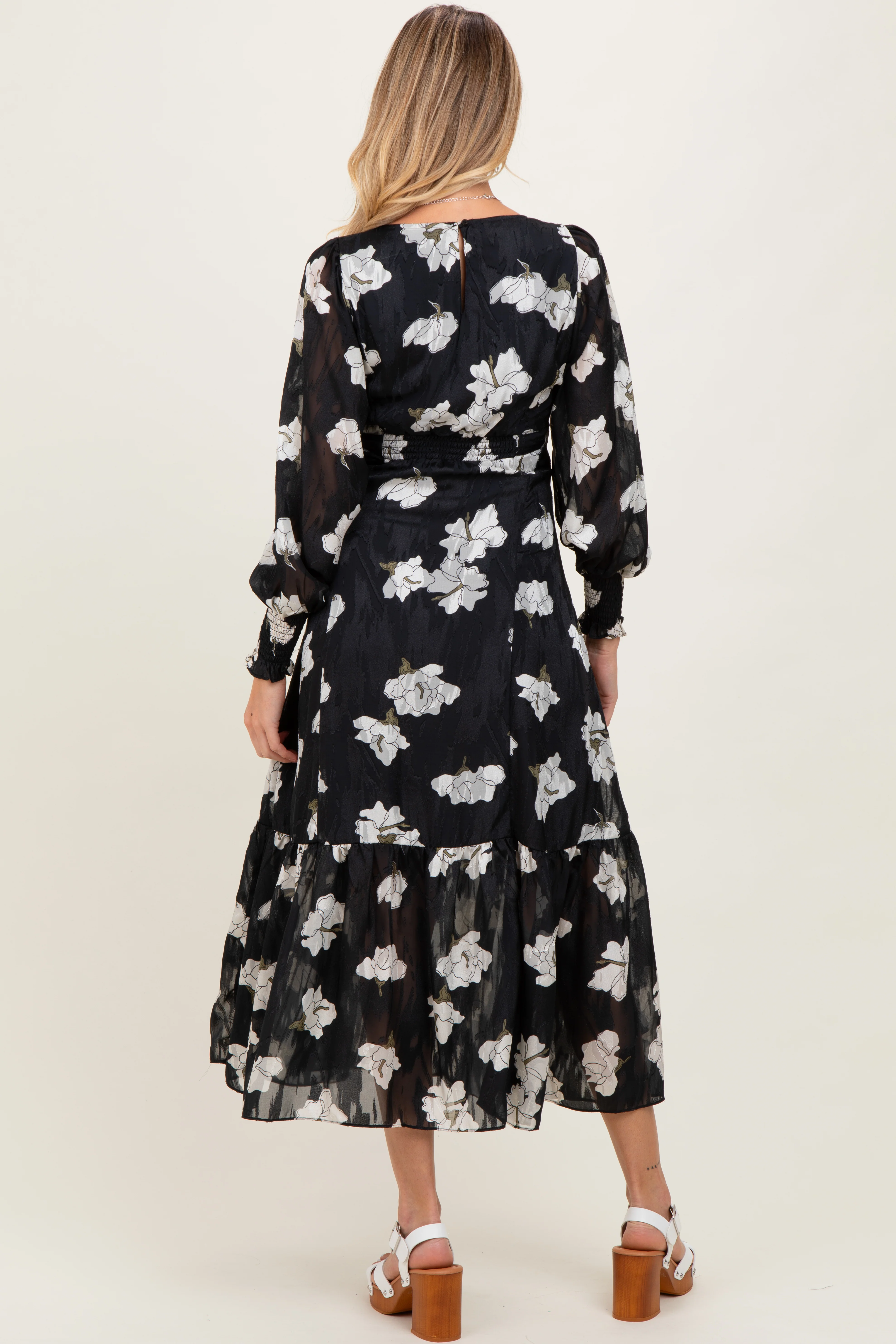 Black Floral Textured Bubble Sleeve Maternity Midi Dress - Image 5